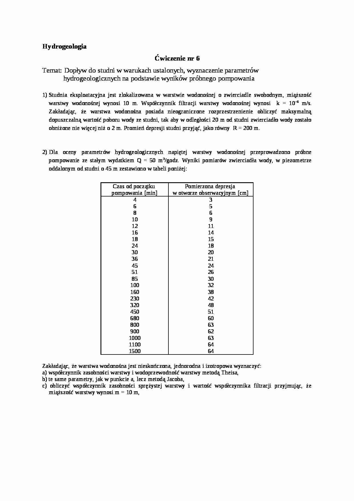 Dopływ do studni w warunkach ustalonych - sprawozdanie  - Hydrogeologia - strona 1