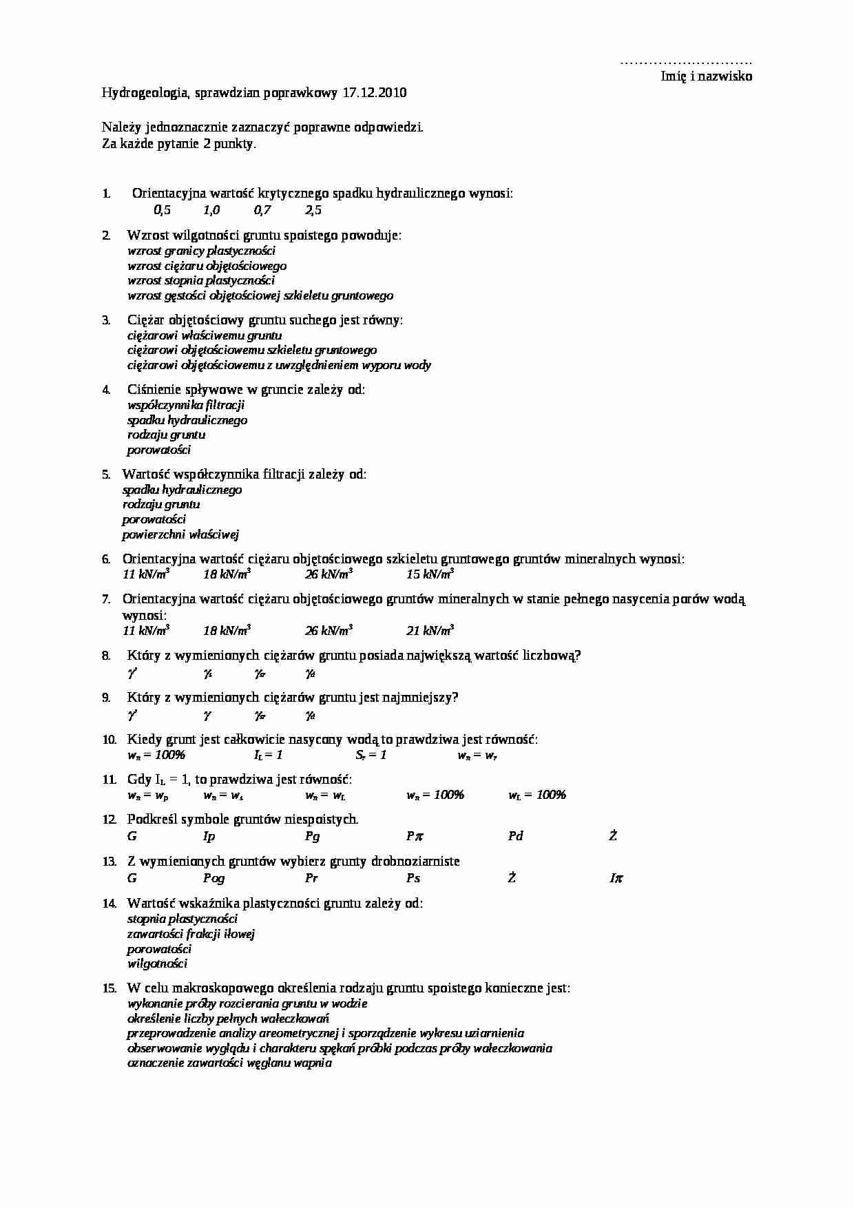 Hydrologia i hydrogeologia-test końcowy - strona 1