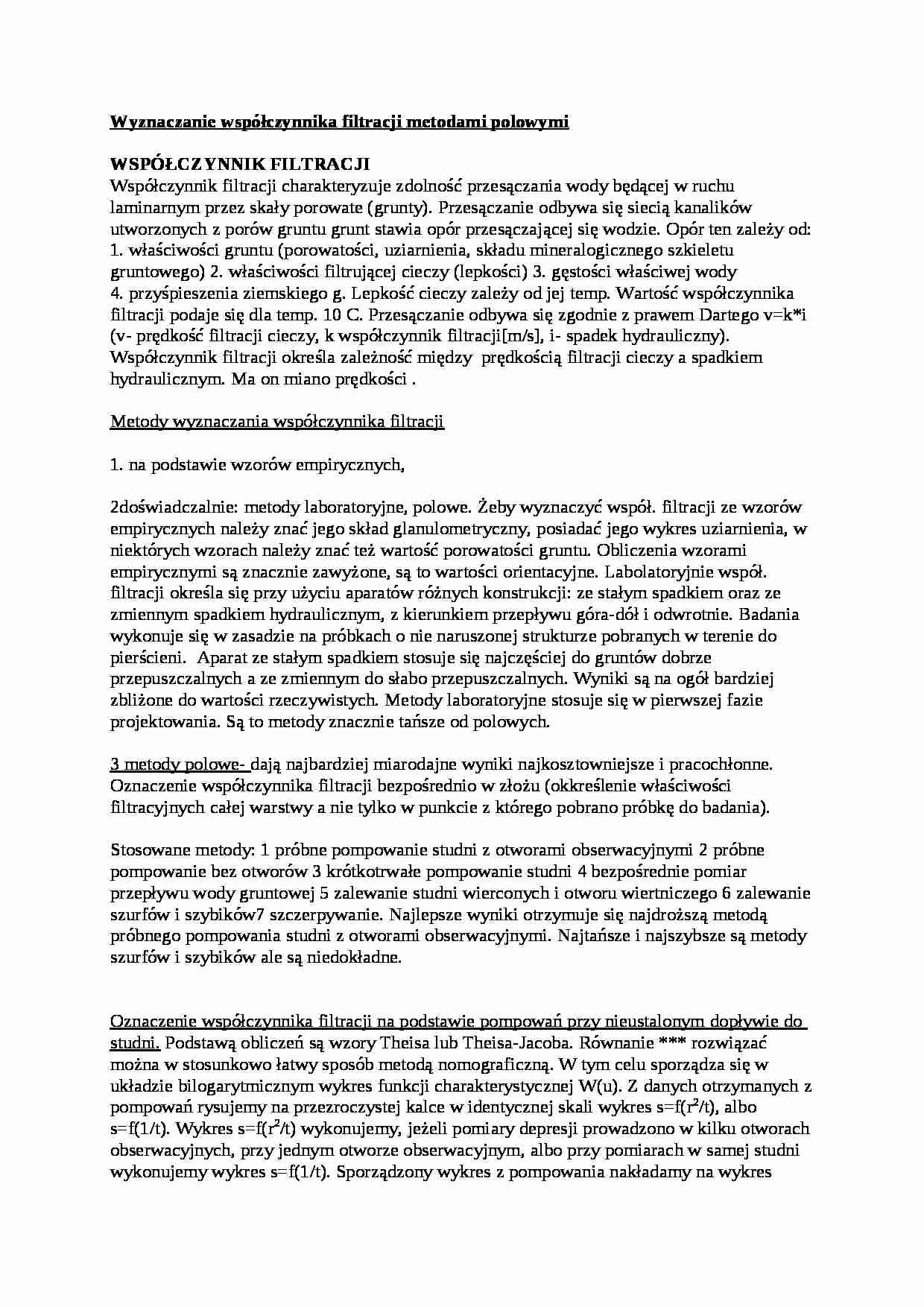 Wyznaczanie współczynnika filtracji metodami polowymi-opracowanie - strona 1