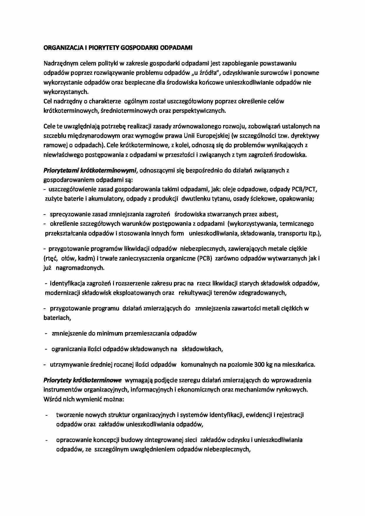 ORGANIZACJA I PIORYTETY GOSPODARKI ODPADAMI-opracowanie - strona 1