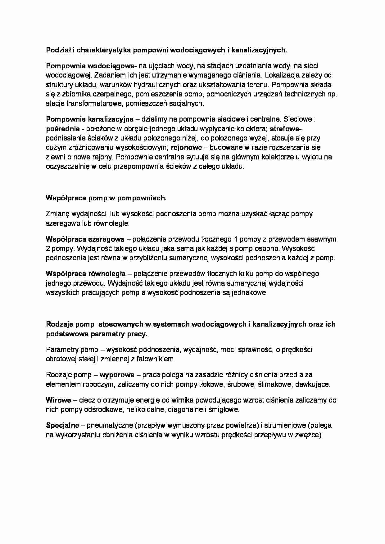 Podział i charakterystyka pompowni wodociągowych i kanalizacyjnych-opracowanie - strona 1