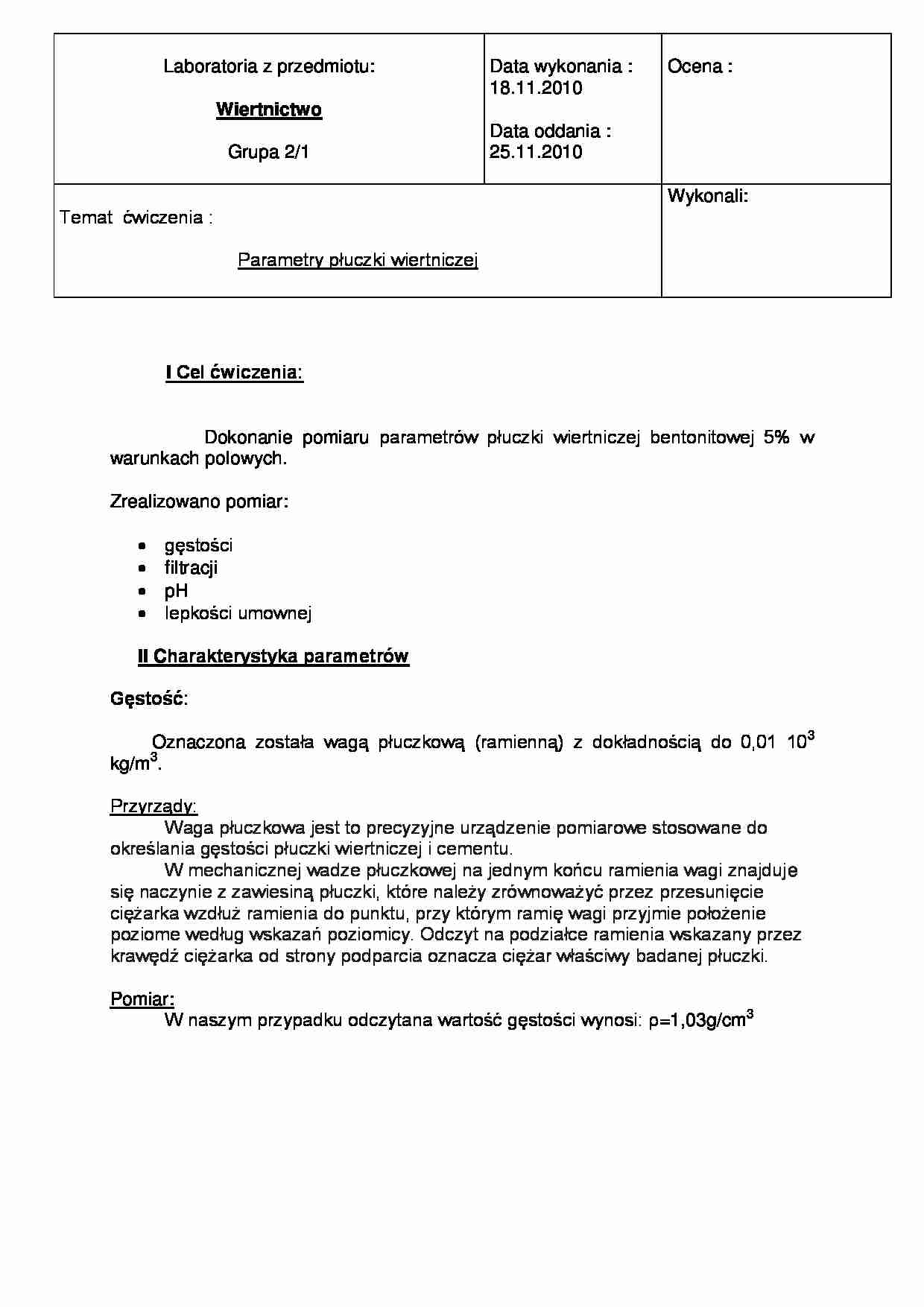 Parametry płuczki wiertniczej bentonitowej - sprawozdanie - strona 1
