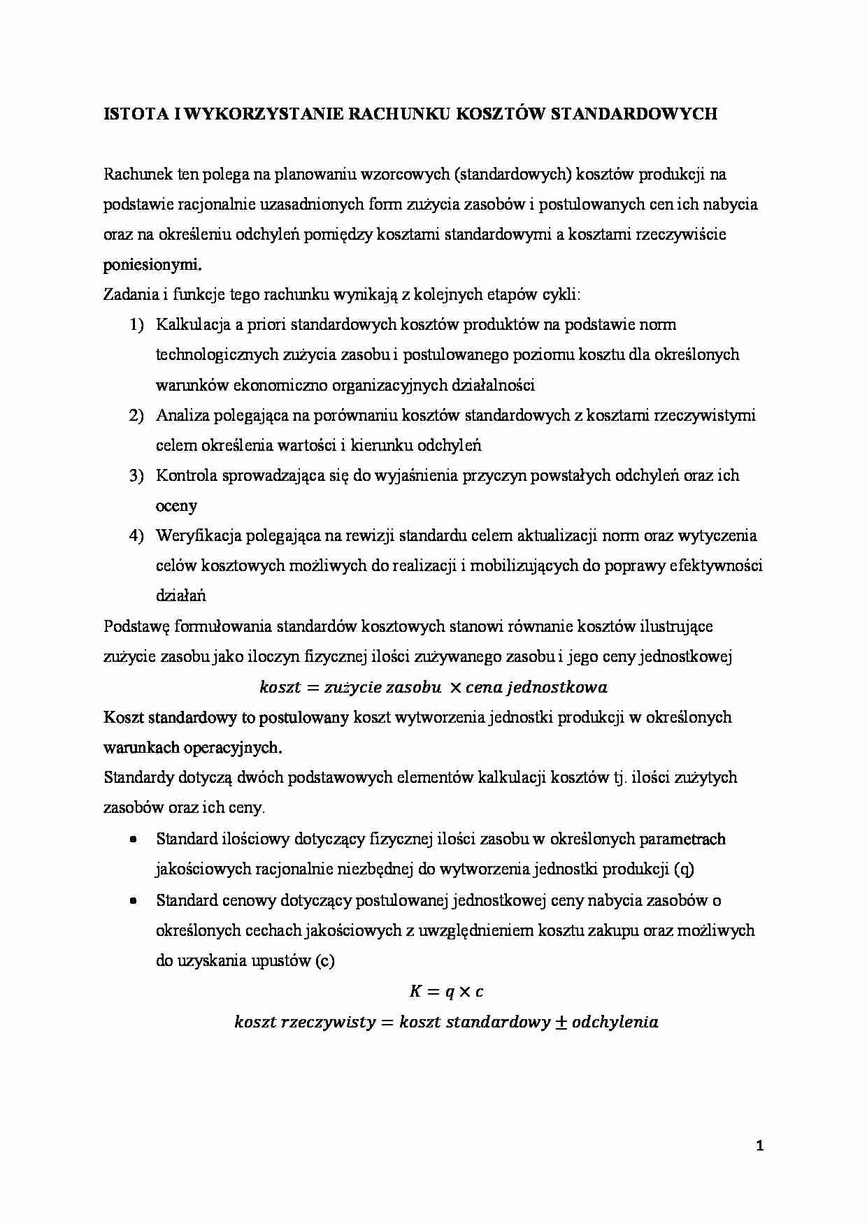 Istota i wykorzystanie rachunku kosztów standardowych - omówienie - strona 1