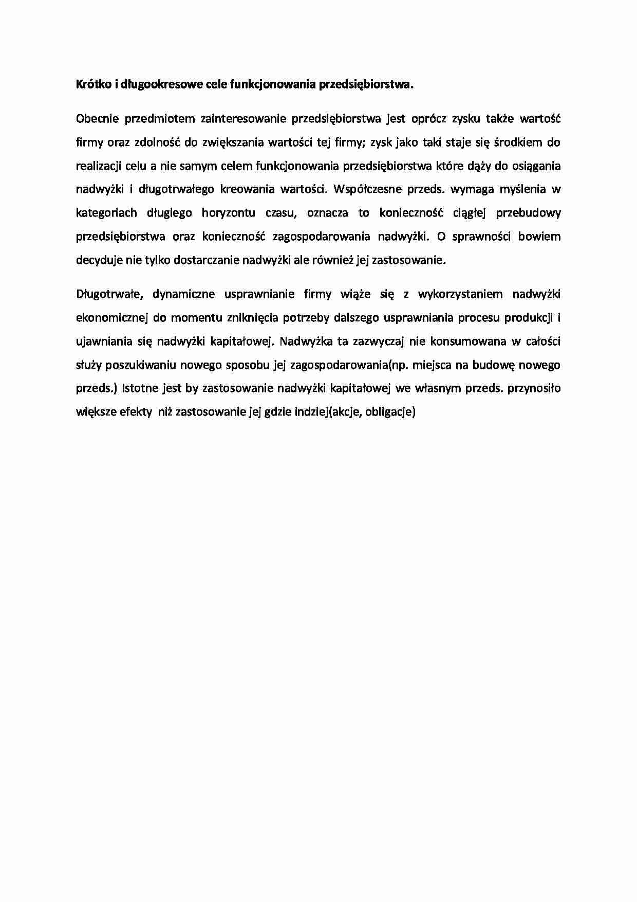  krótko i długookresowe cele funkcjonowania przedsiębiorstwa. - strona 1