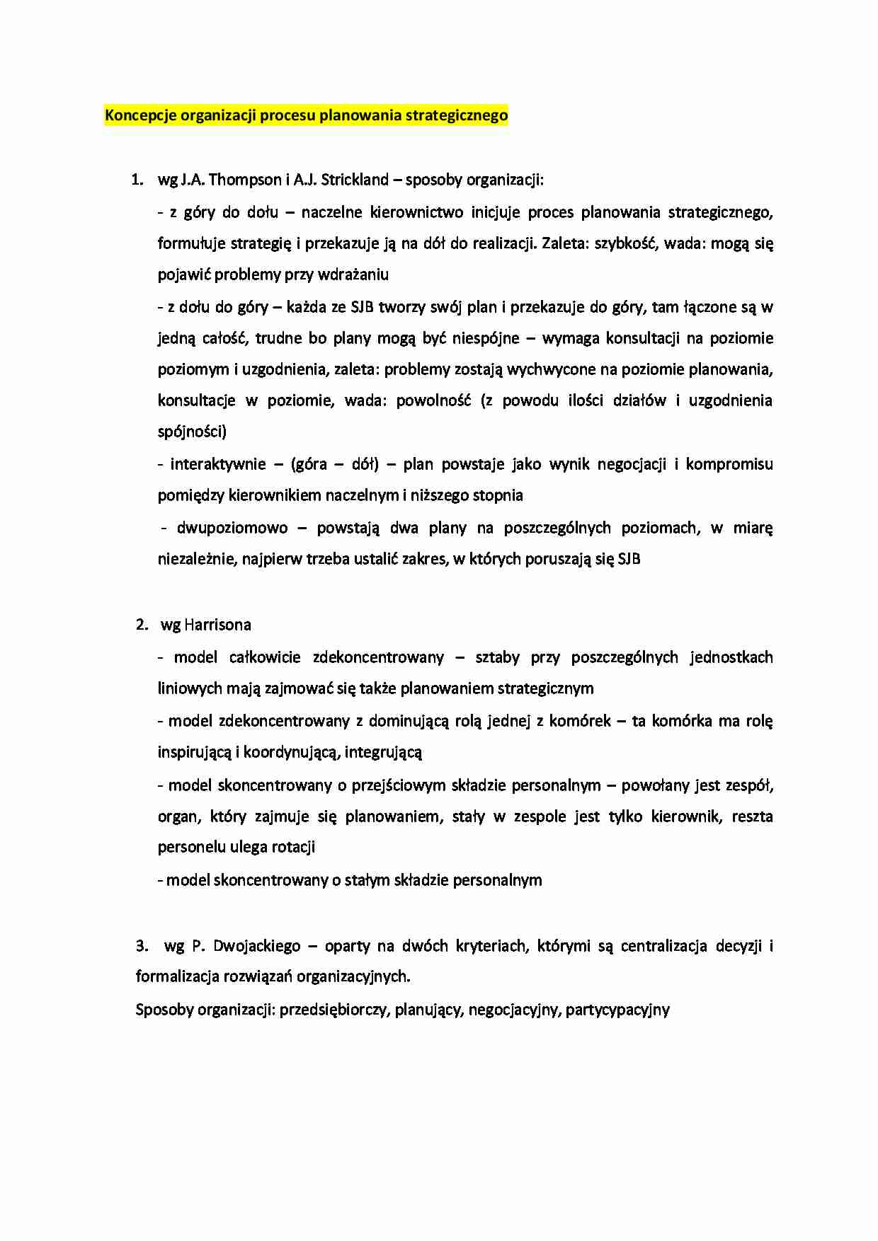 Koncepcje organizacji procesu planowania strategicznego - strona 1