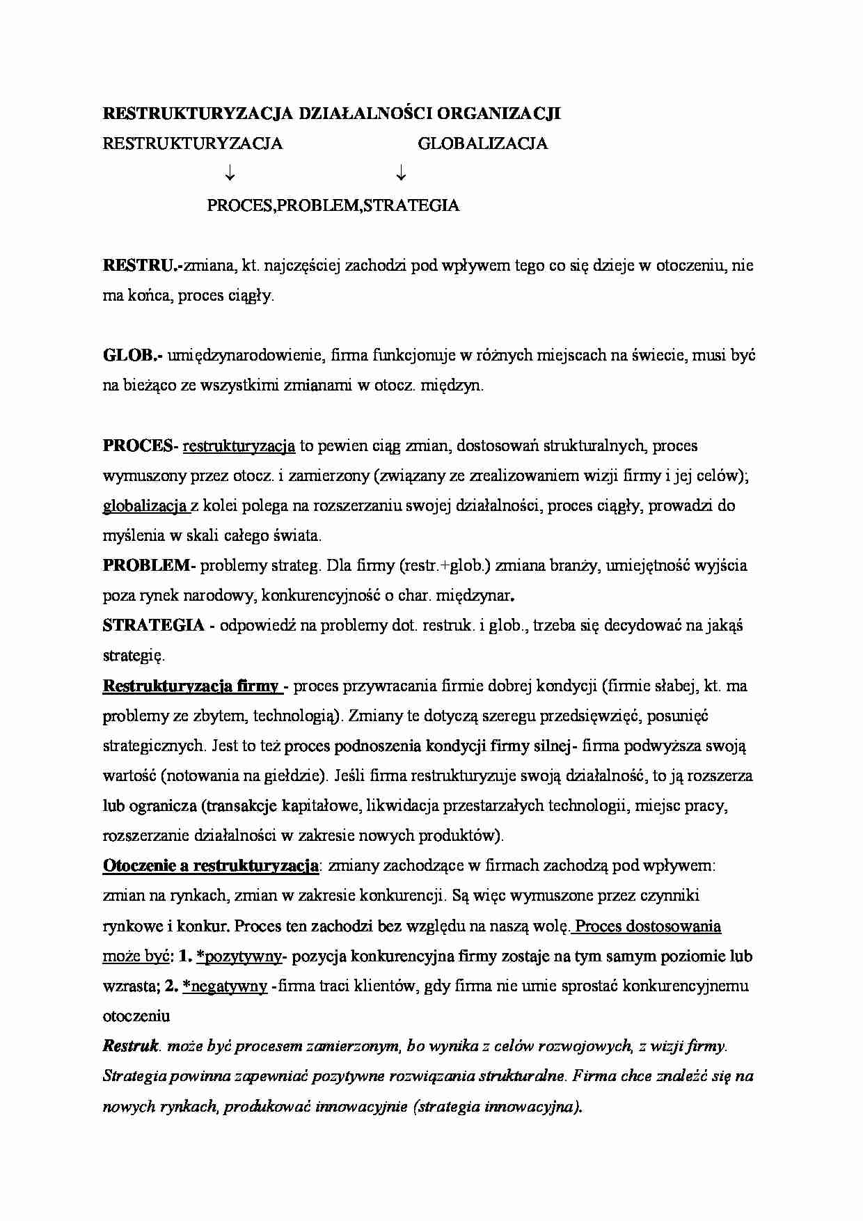 Restrukturyzacja działalności organizacji - wykład - strona 1