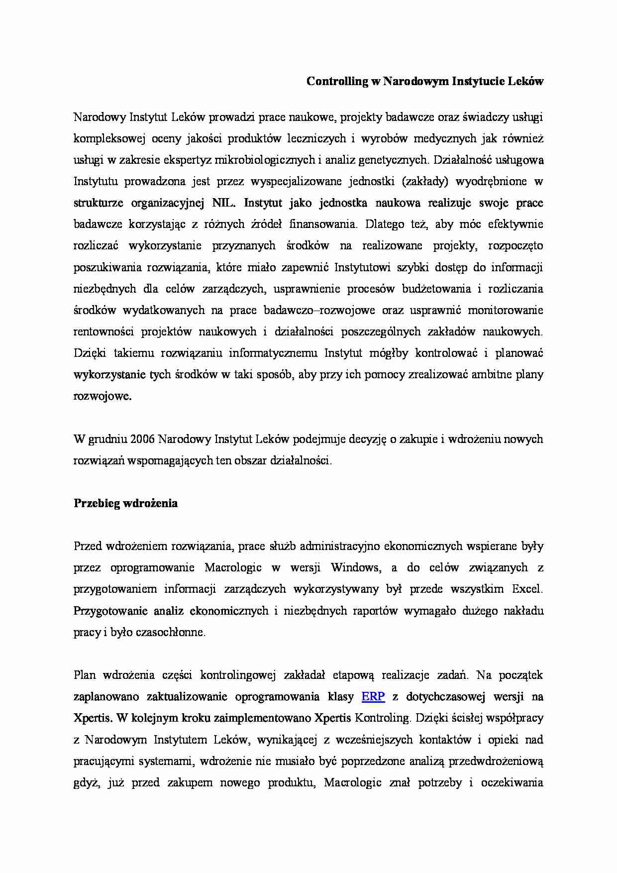 Controlling w Narodowym Instytucie Leków - referat - Wyrób medyczny - strona 1