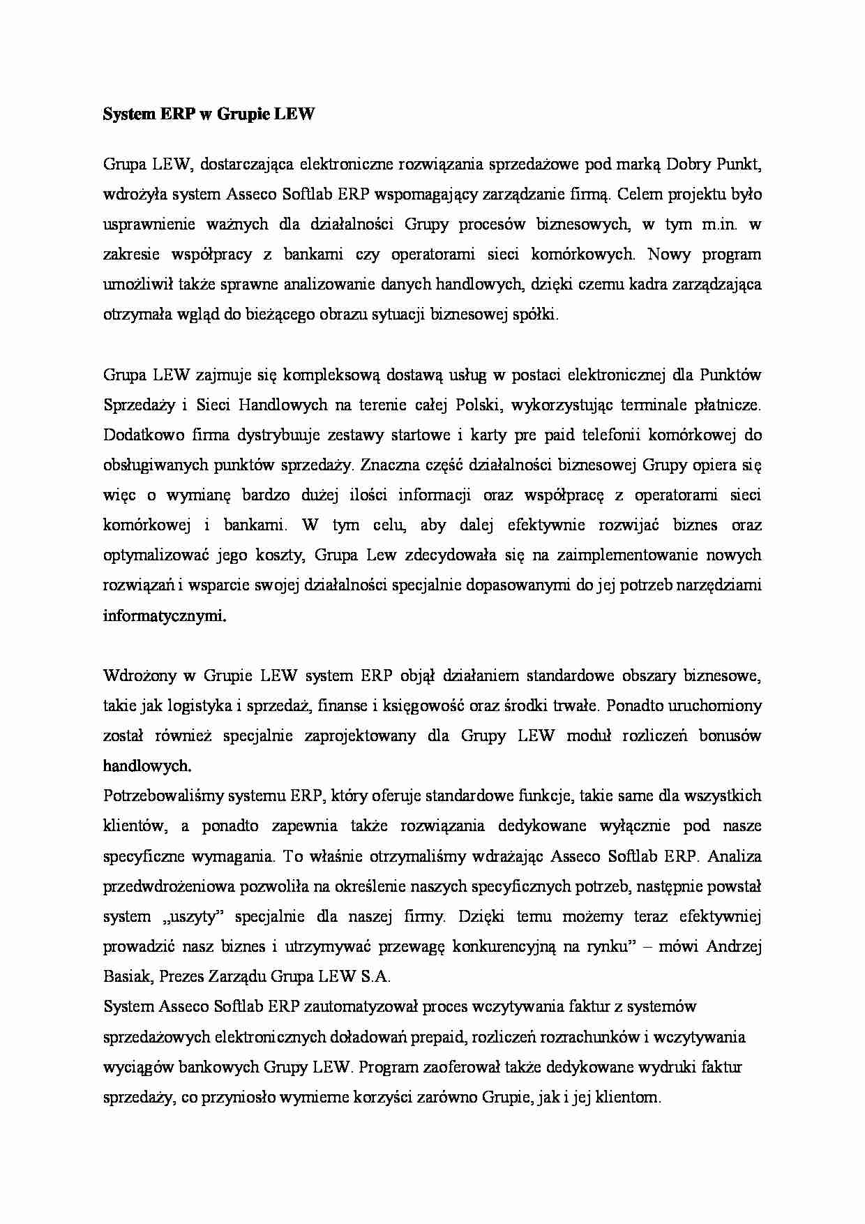 System ERP w Grupie LEW - strona 1