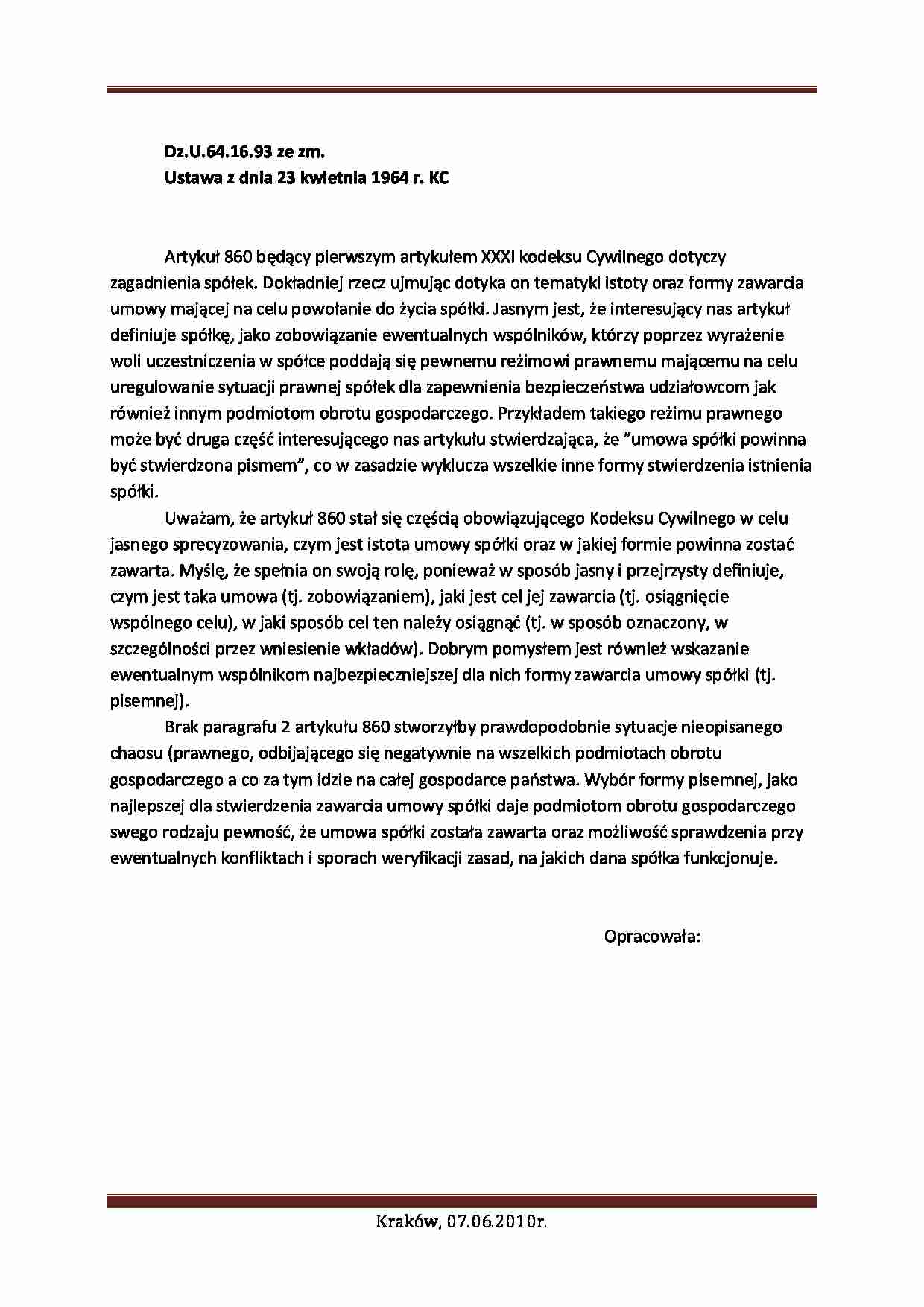 Artykuł 860 - zadanie na zaliczenie - Kodeks Cywilny - strona 1