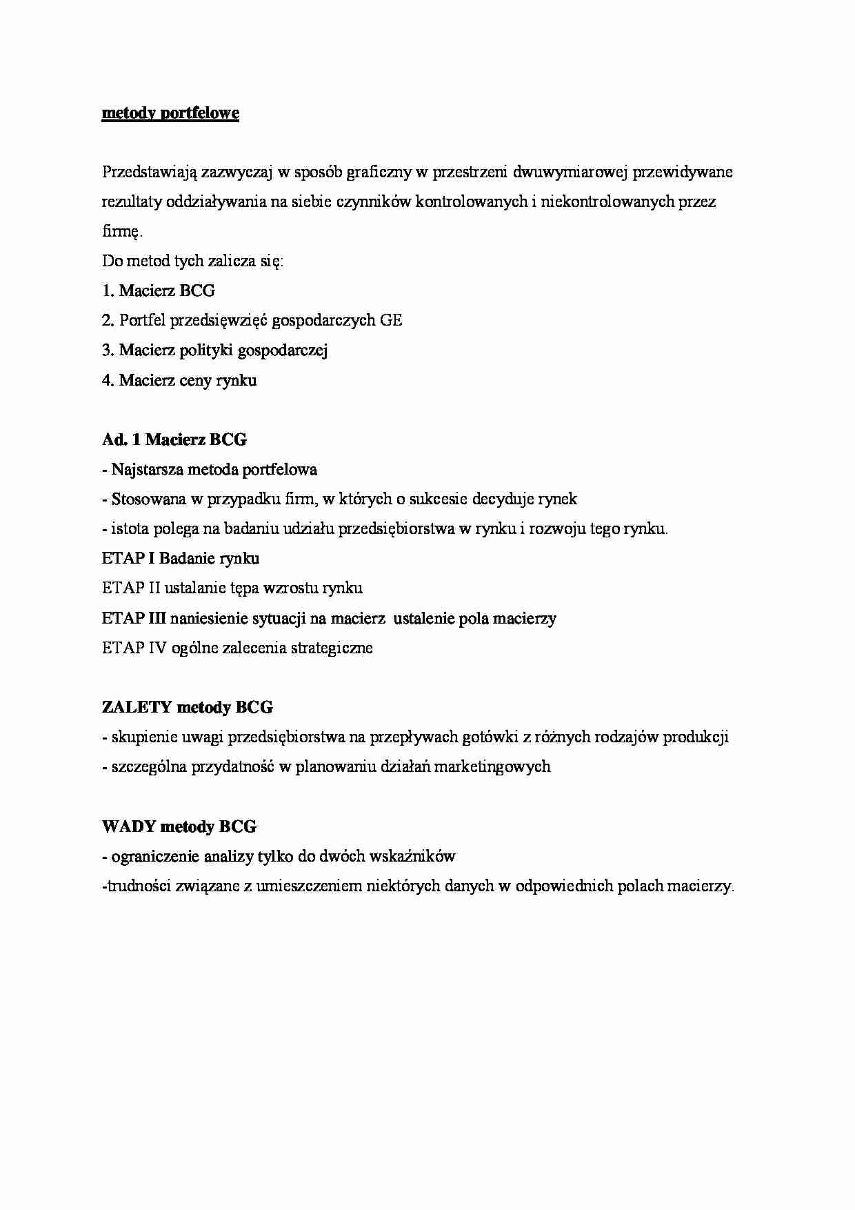 Metody portfelowe  - omówienie - Macierz BCG - strona 1