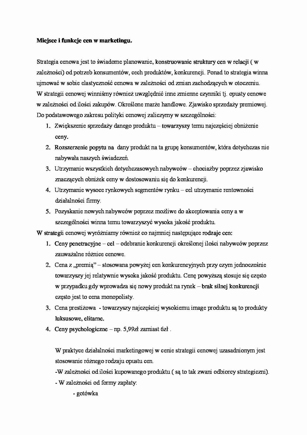 Miejsce i funkcje cen w marketingu - strona 1