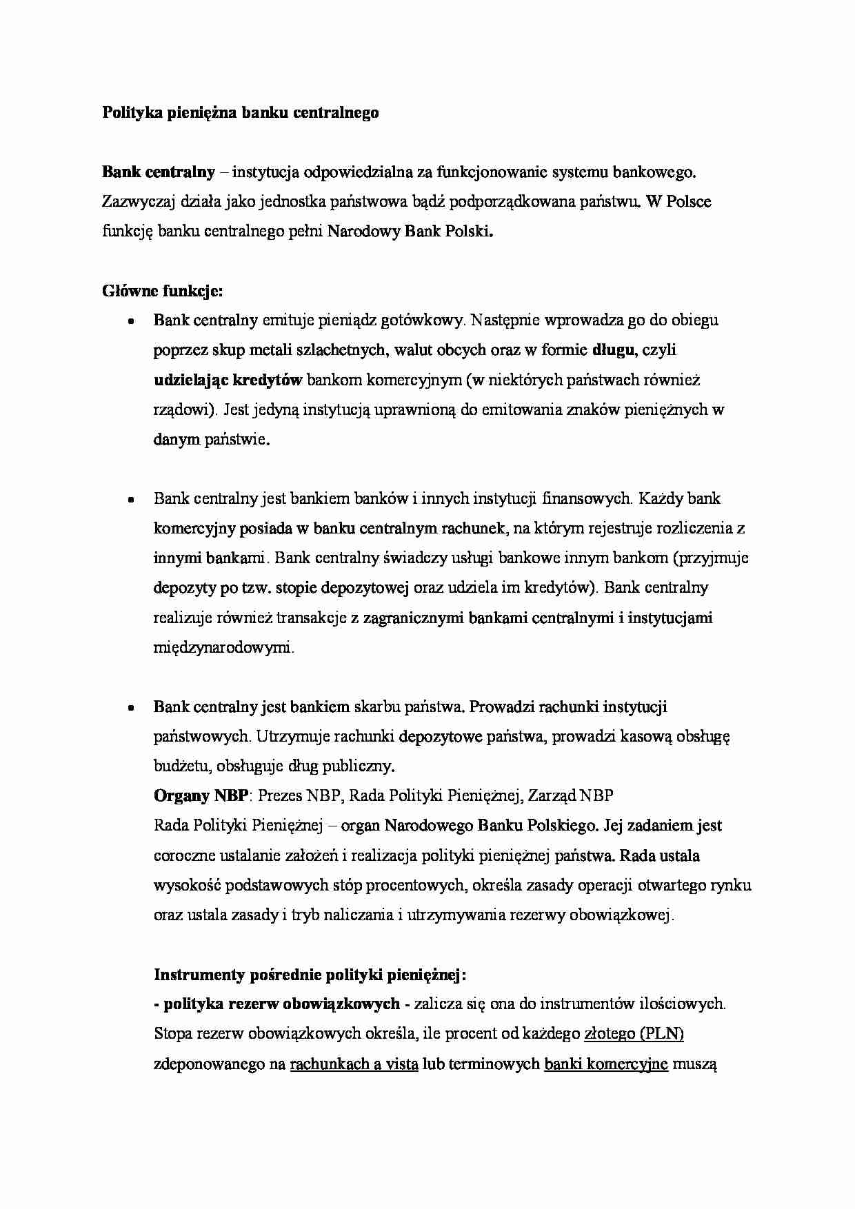 Polityka pieniężna banku centralnego - omówienie - strona 1