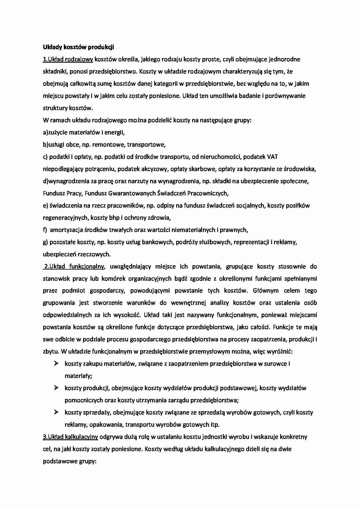 Układy kosztów produkcji - omówienie - strona 1