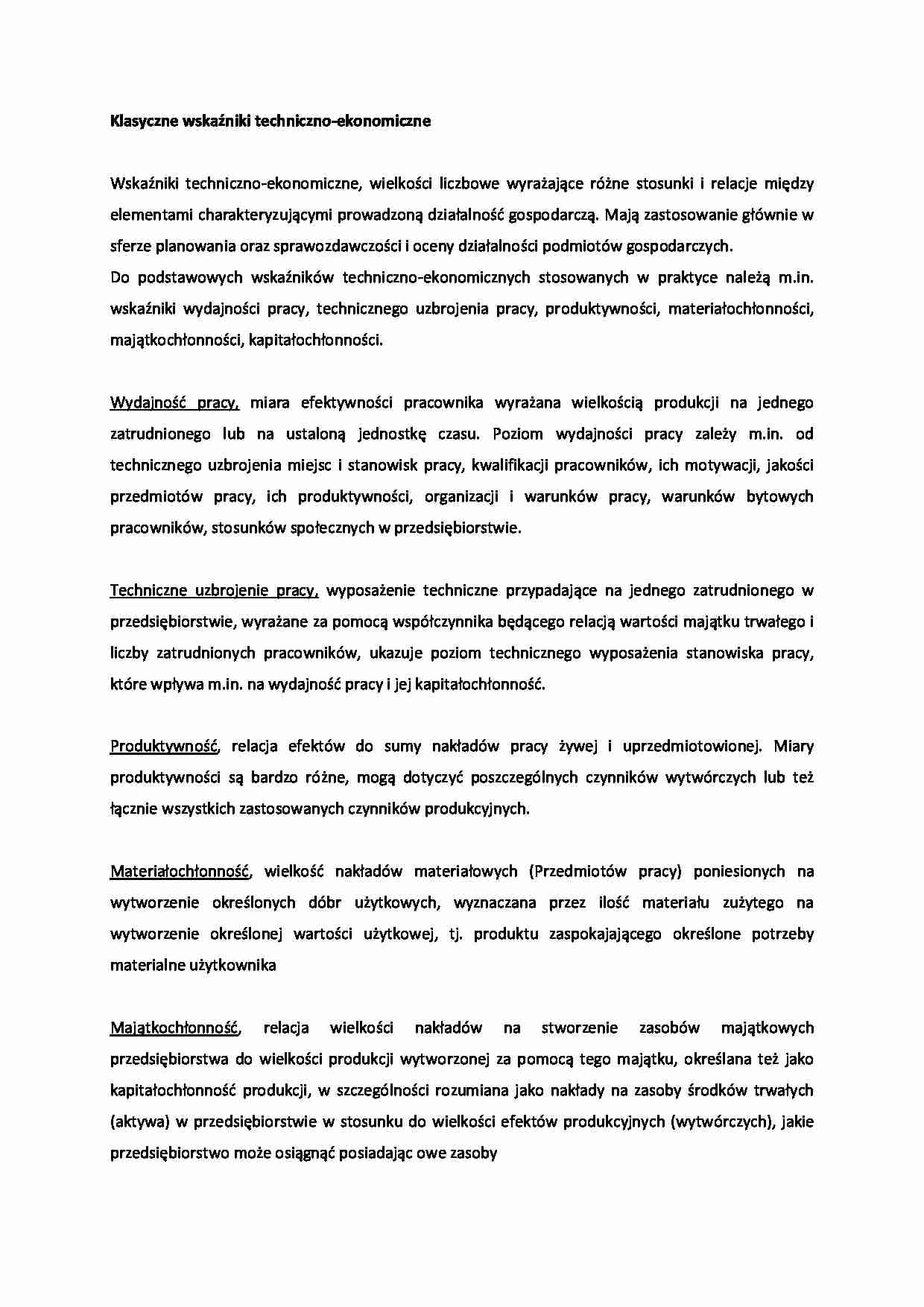 Klasyczne wskaźniki techniczno-ekonomiczne - omówienie - strona 1