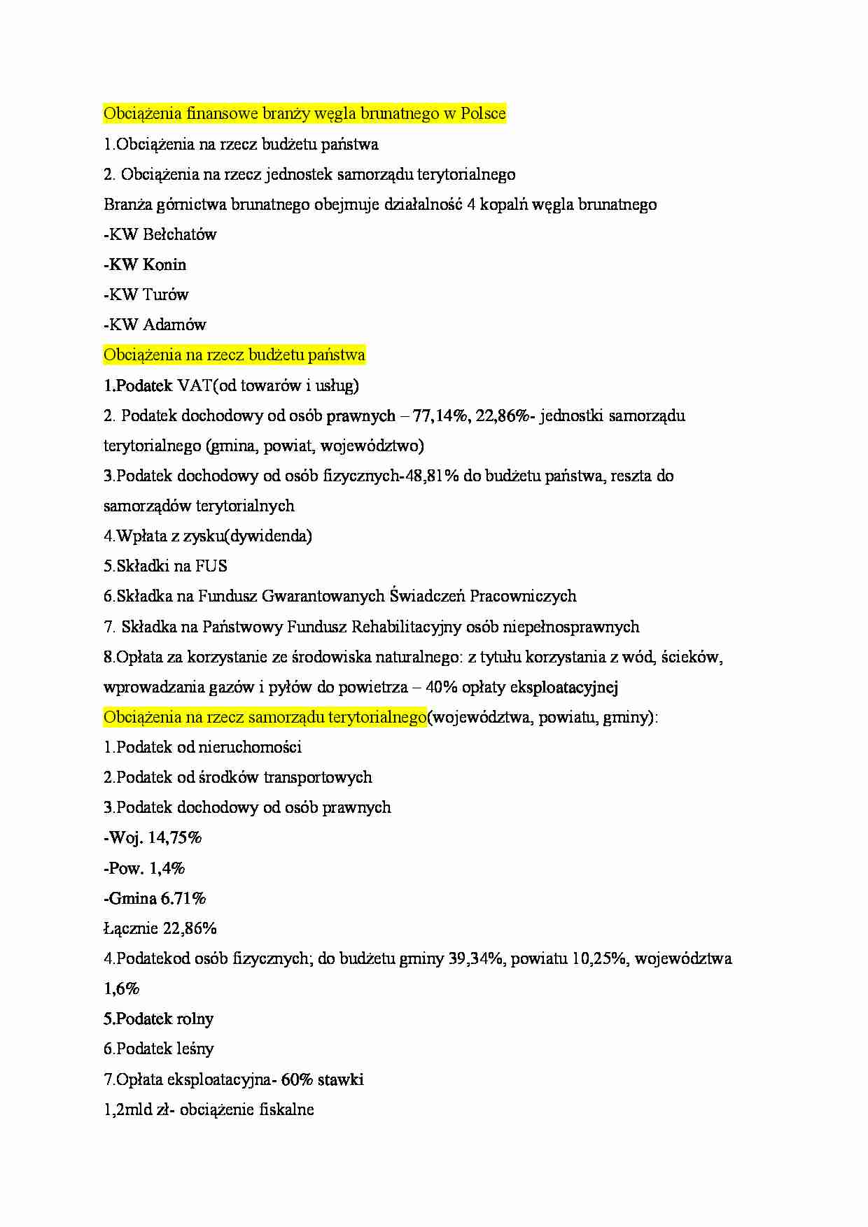 Obciążenia finansowe branży węgla brunatnego w Polsce. - strona 1