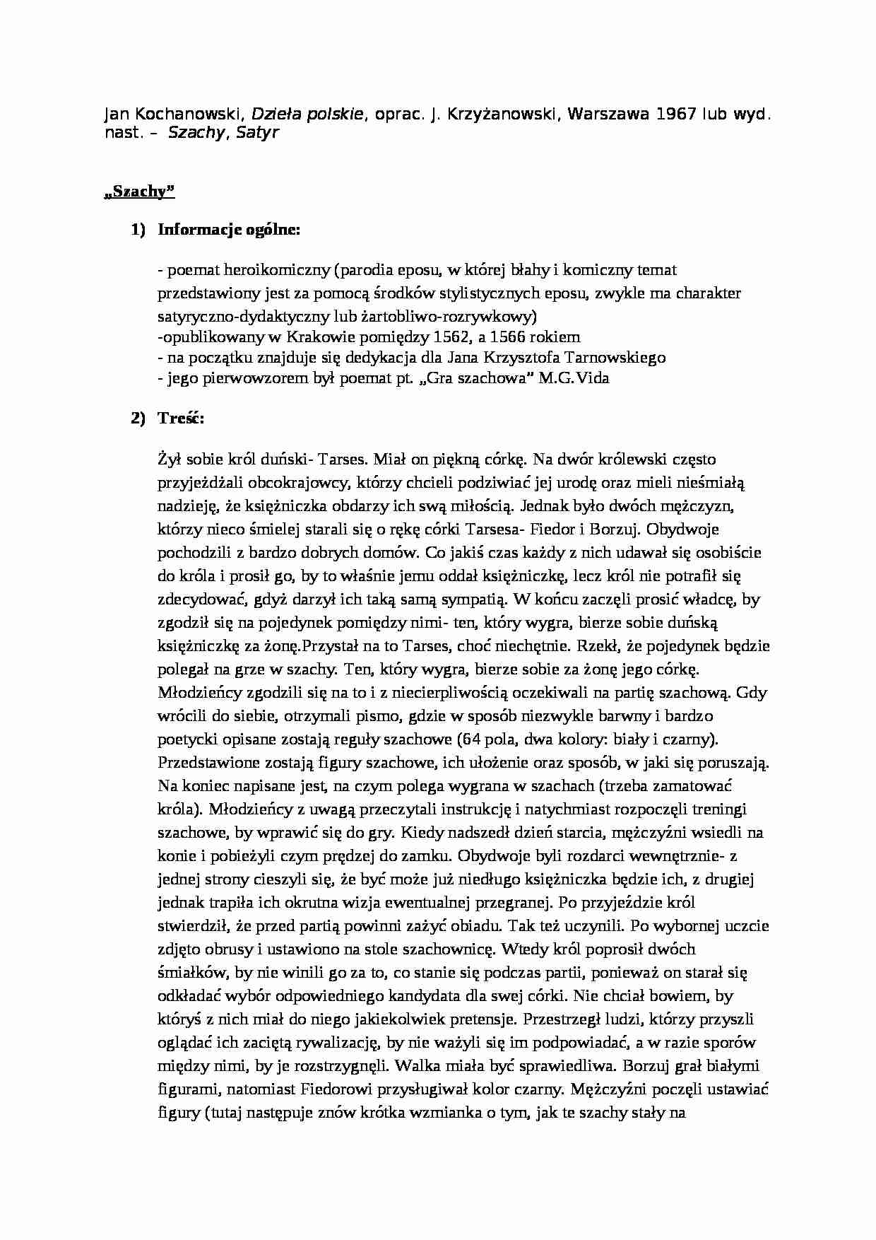 Jan Kochanowski, Dzieła polskie: Szachy, Satyr - strona 1