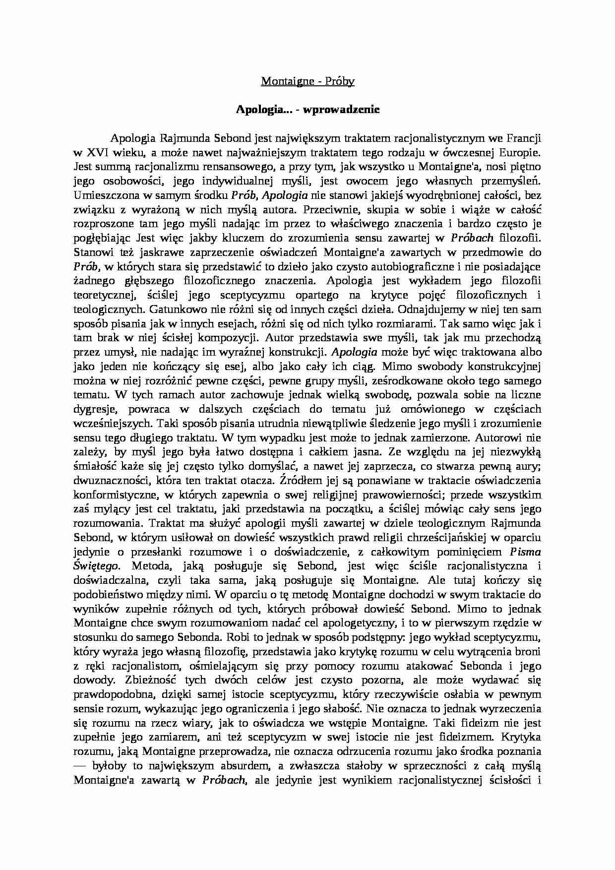Montaigne, Próby - Apologia Rajmunda Sebond, wprowadzenie - strona 1