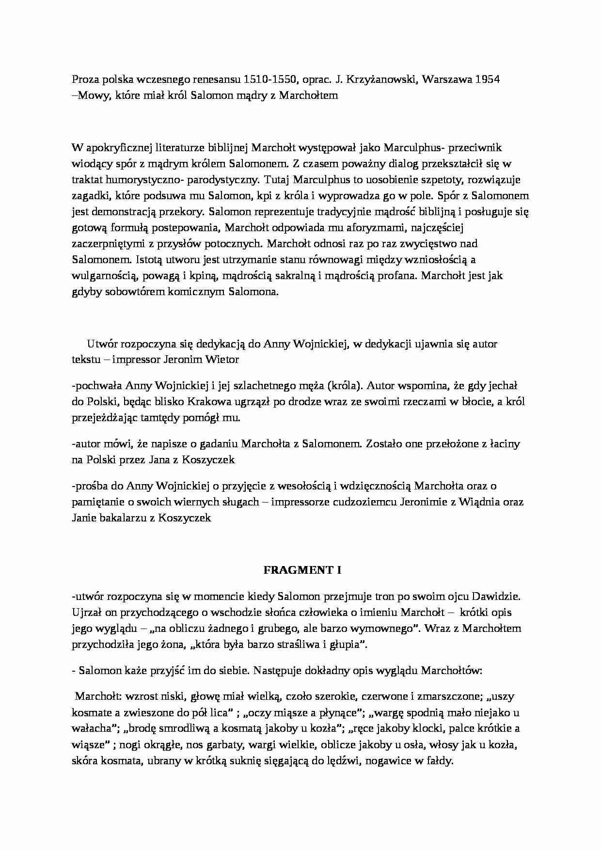 Proza polska wczesnego renesansu 1510-1550, Mowy, które miał król Salomon mądry z Marchołtem - strona 1