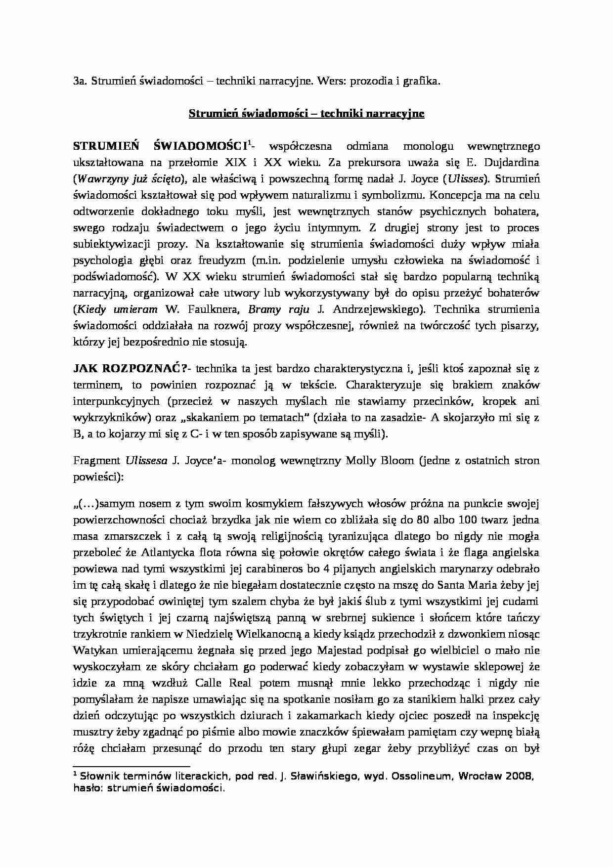 Strumień świadomości - techniki narracyjne. Wers - prozodia i grafika - strona 1
