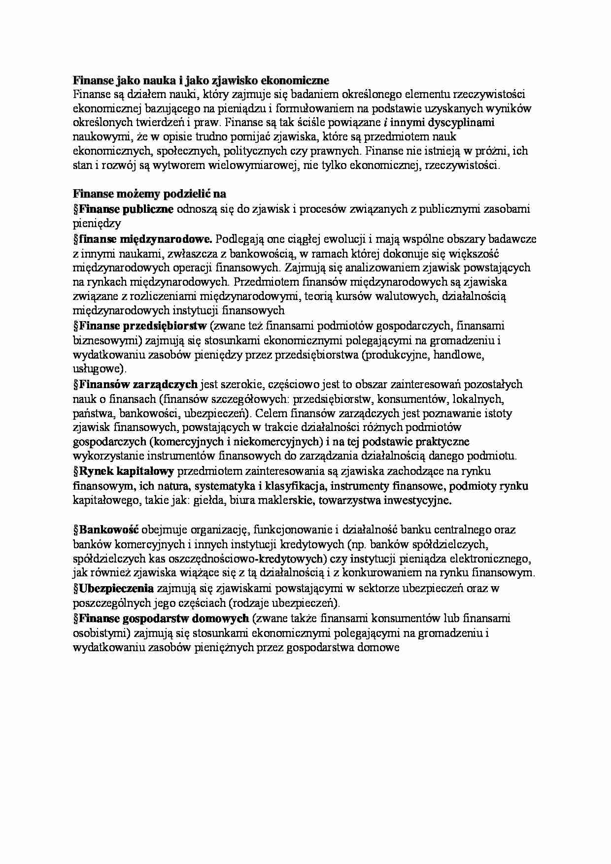 Finanse jako nauka i jako zjawisko ekonomiczne-oparcowanie - strona 1