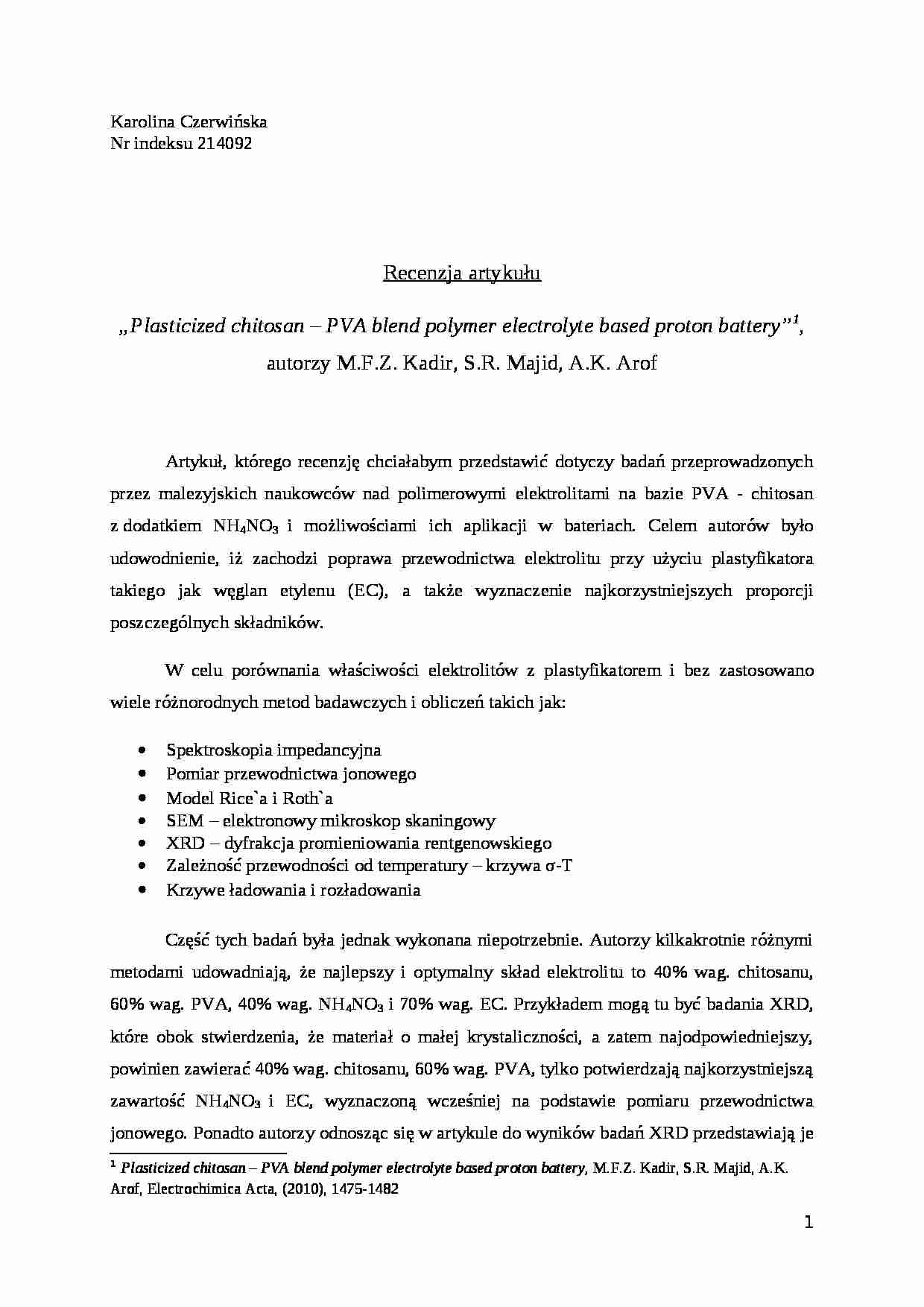 Plasticized chitosan - PVA blend polymer electrolyte based proton battery-recenzja artykułu - strona 1