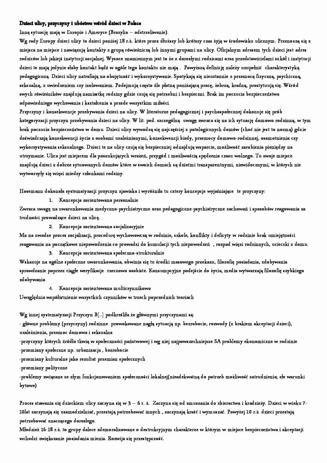 Dzieci ulicy, przyczyny i ubóstwo wśród dzieci w Polsce-opracowanie - strona 1