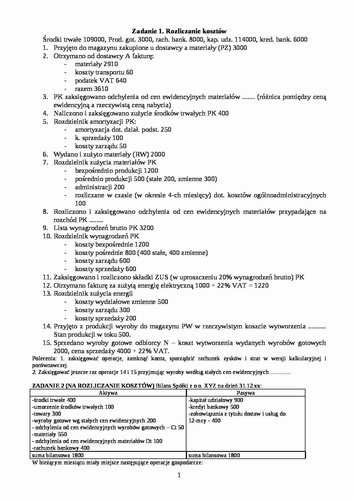 Rozliczenia kosztów - zadania - strona 1
