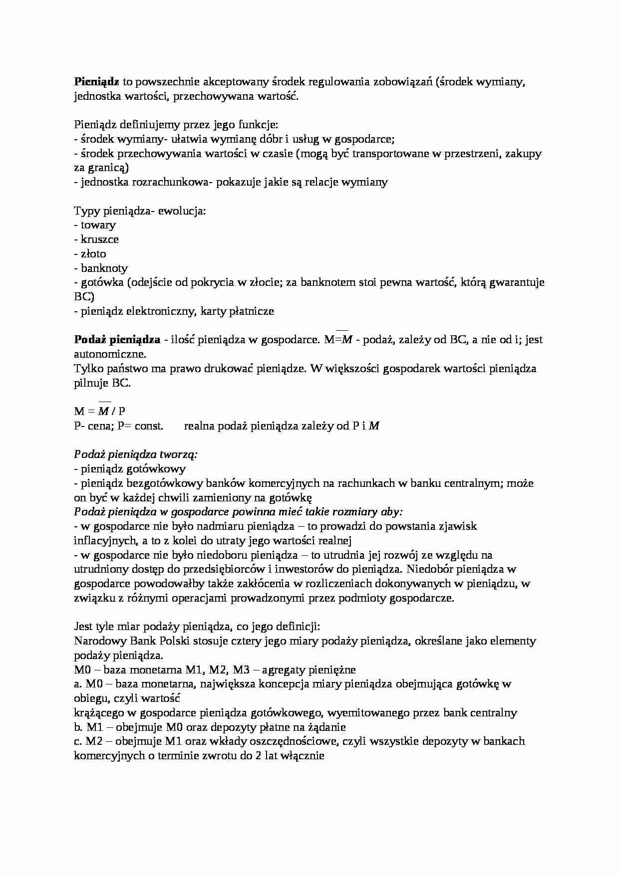 Pieniądz i jego podaż, popyt i płynność-opracowanie - strona 1