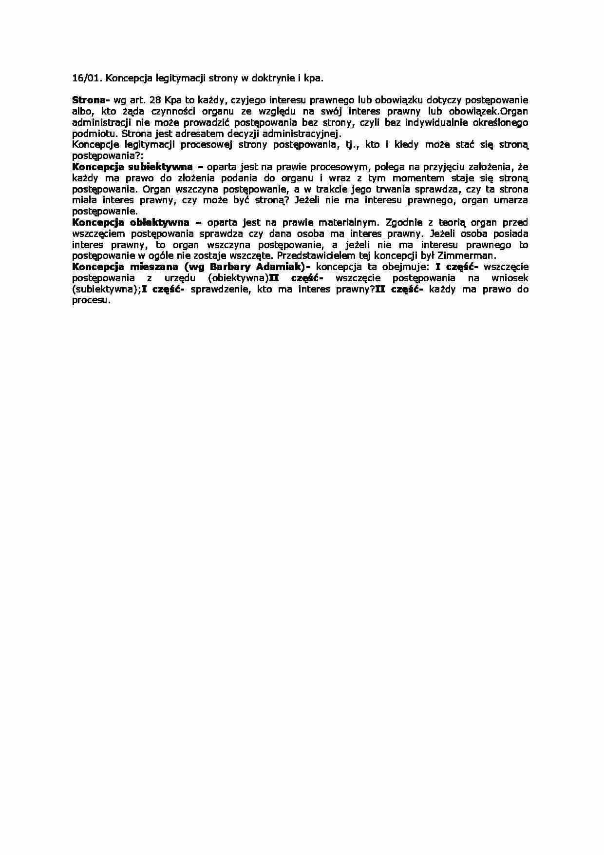 Koncepcja legitymacji strony w doktrynie i kpa-opracowanie - strona 1