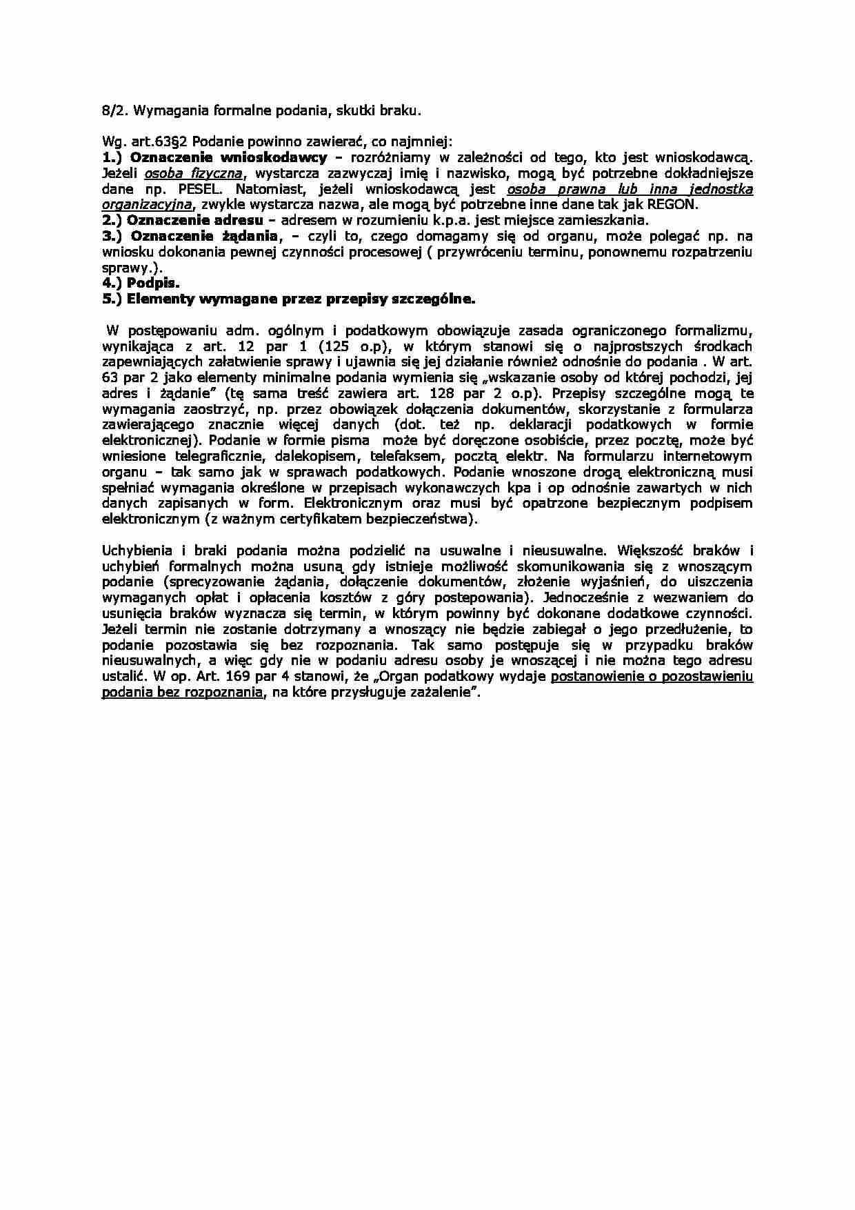 Wymagania formalne podania, skutki braku-opracowanie - strona 1