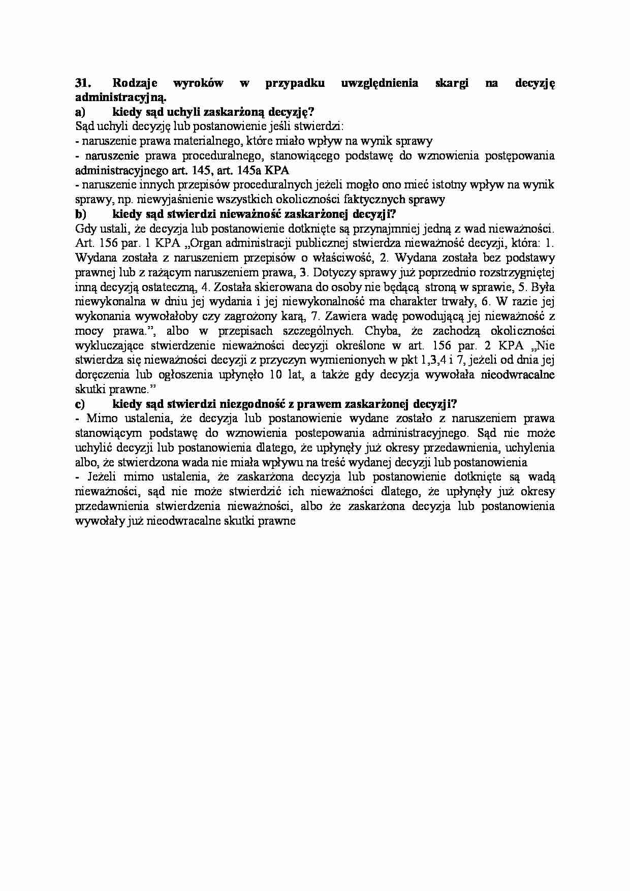 Rodzaje wyroków w przypadku uwzględnienia skargi na decyzję administracyjną-opracowanie - strona 1
