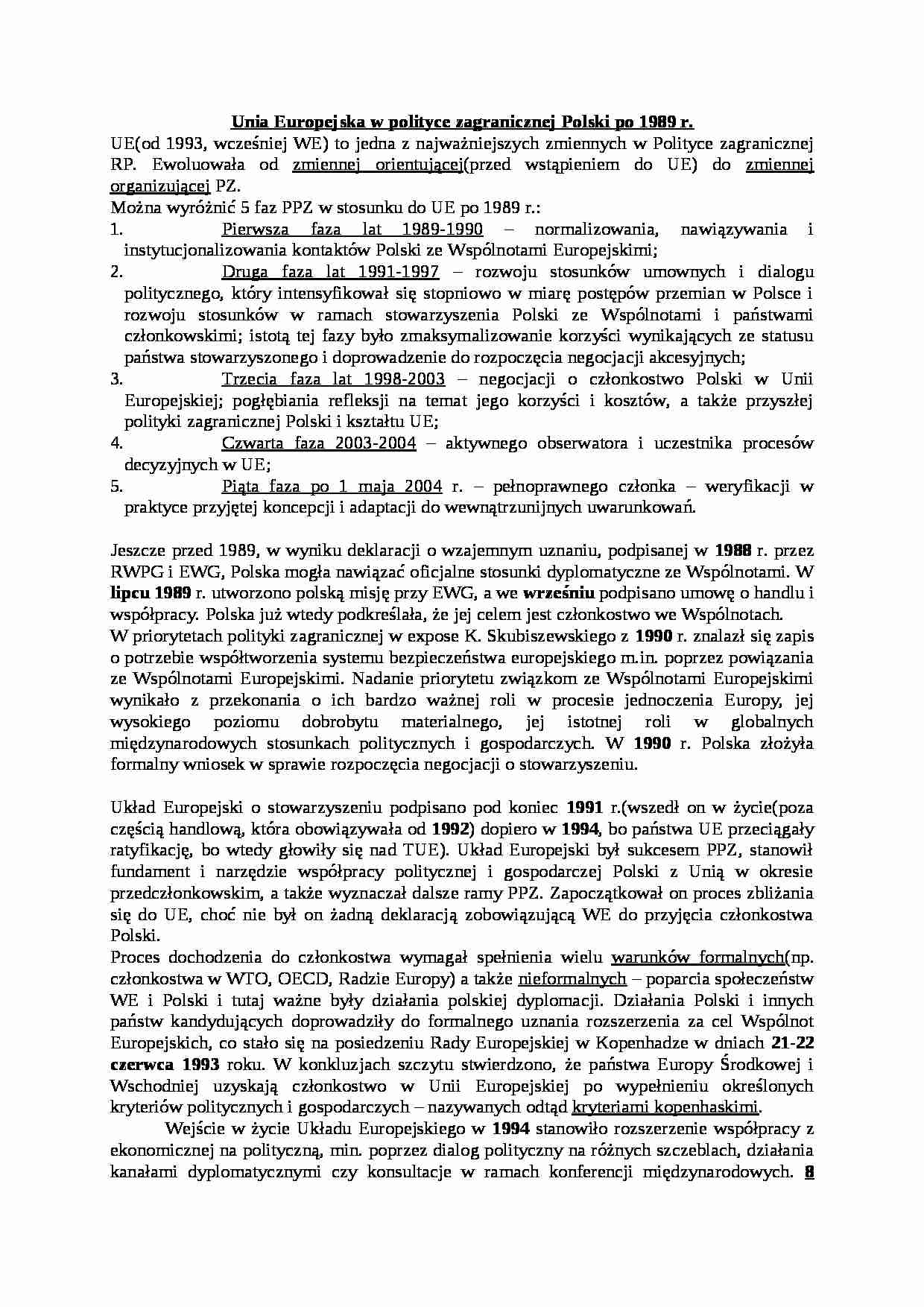Unia Europejska w polityce zagranicznej Polski po 1989 r- opracowanie - strona 1