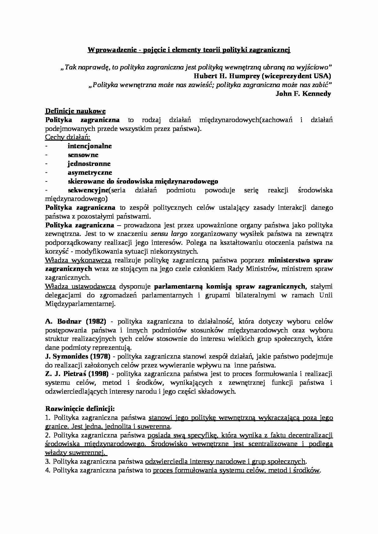 Pojęcie i elementy teorii polityki zagranicznej- wprowadzenie - strona 1