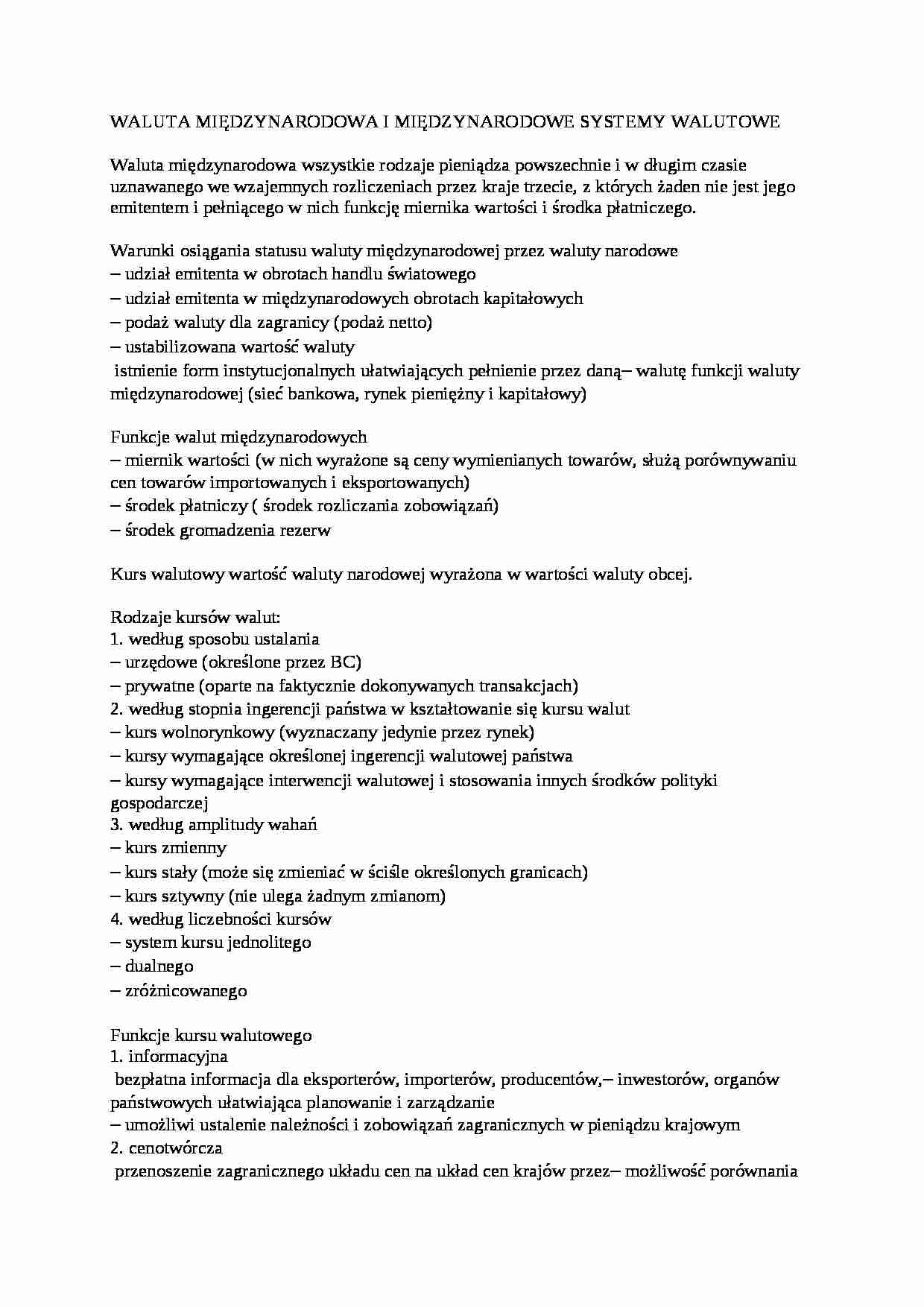 Waluta międzynarodowa i międzynarodowe systemy walutowe- opracowanie - strona 1