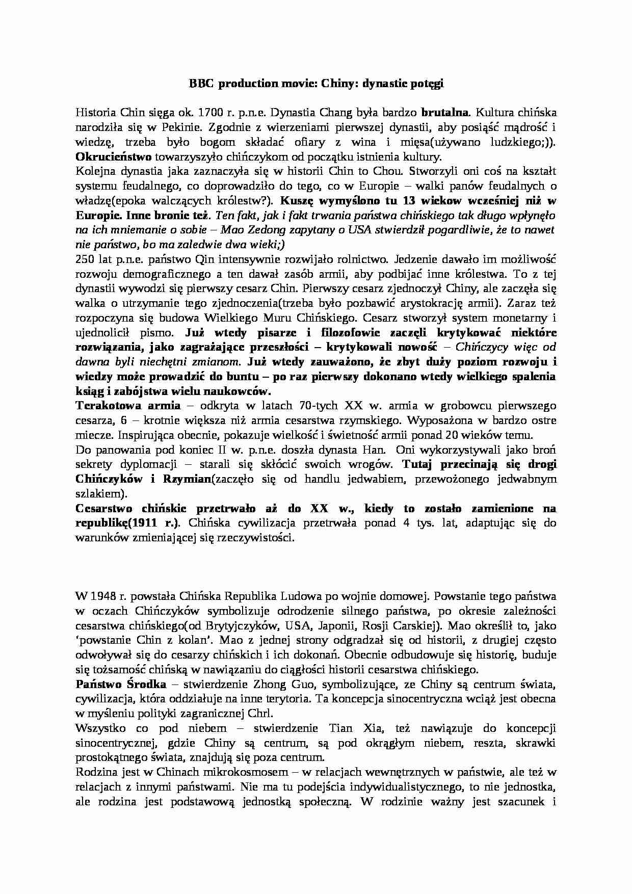 Uwarunkowania historyczne Chin- opracowanie - strona 1