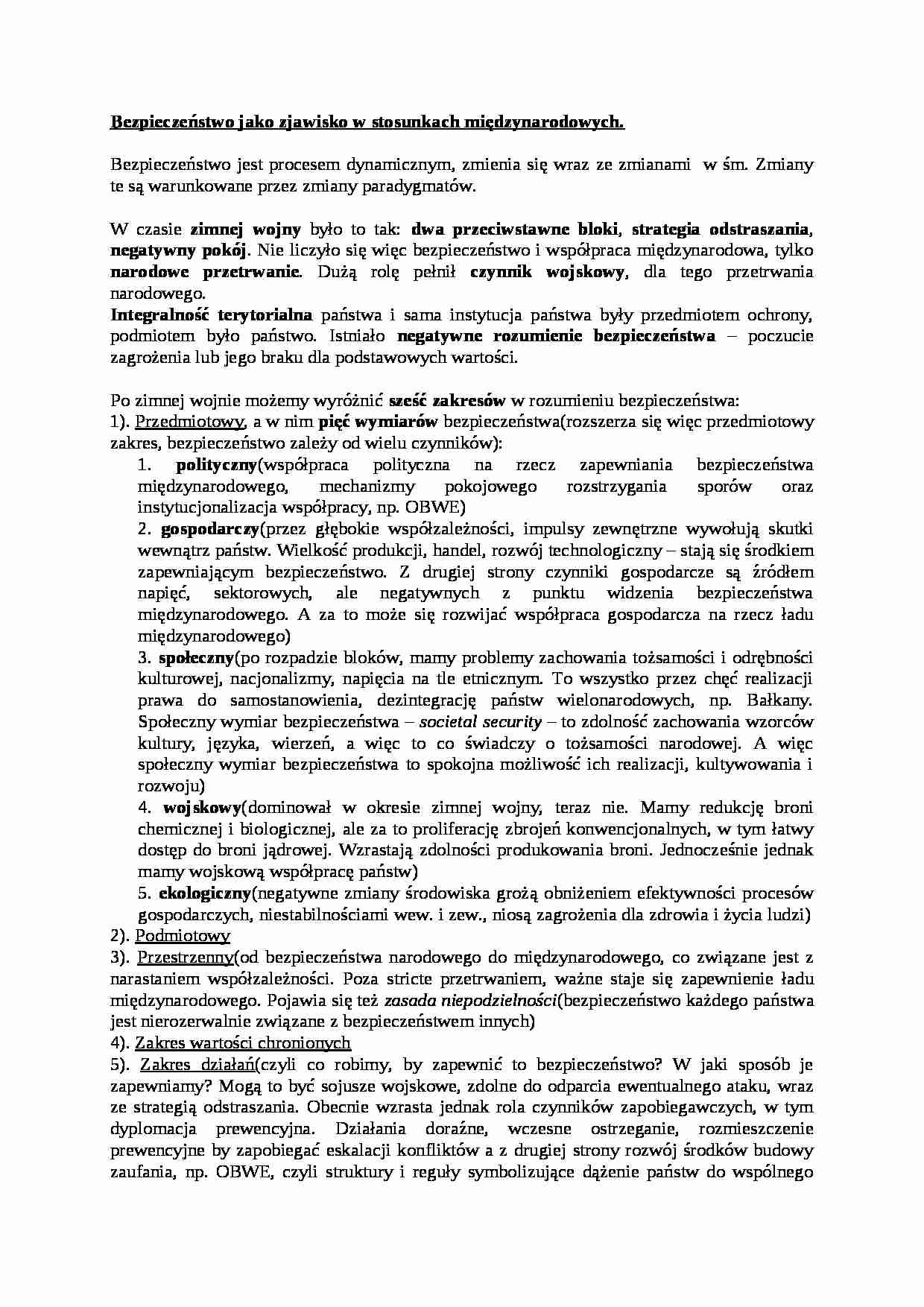 Bezpieczeństwo jako zjawisko w stosunkach międzynarodowych- opracowanie - strona 1