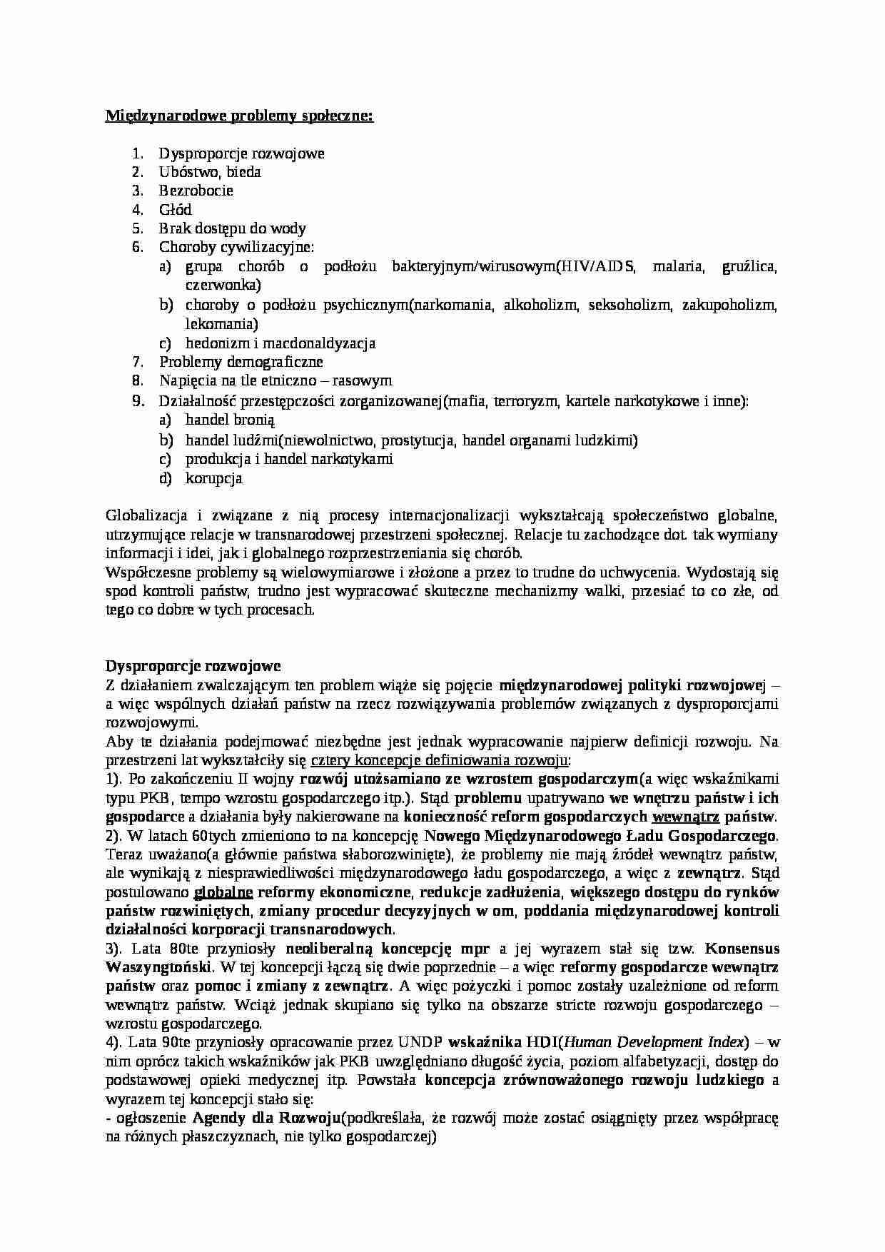 Międzynarodowe problemy społeczne- opracowanie - strona 1