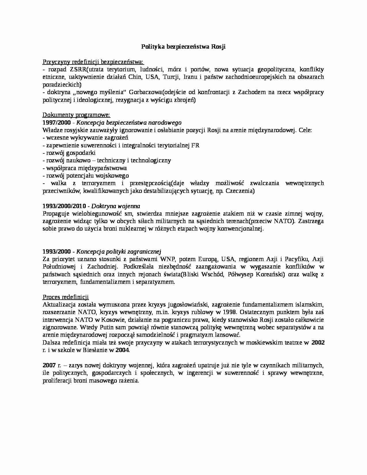 Polityka bezpieczeństwa Rosji- opracowanie - strona 1