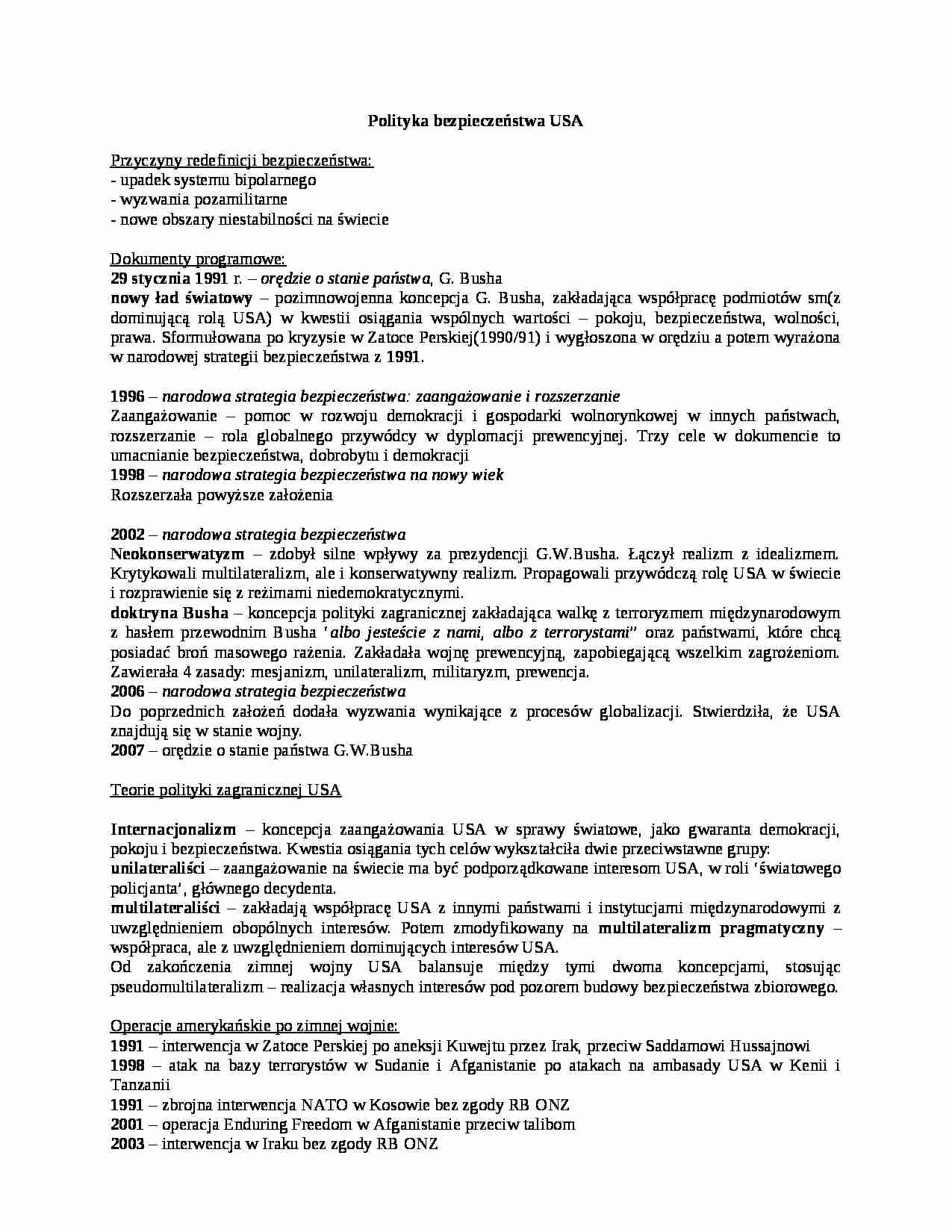 Polityka bezpieczeństwa USA- opracowanie - strona 1