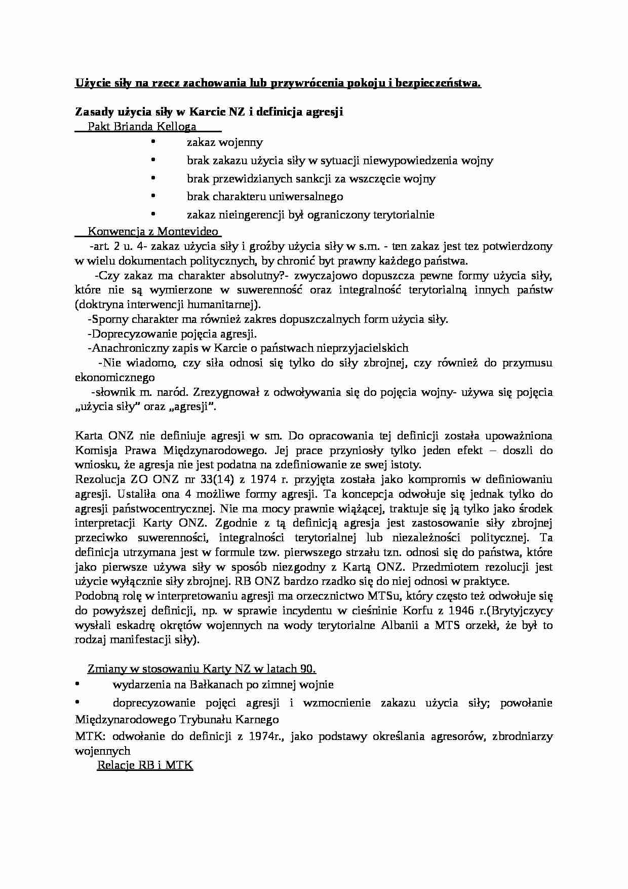 Użycie siły na rzecz zachowania lub przywrócenia pokoju i bezpieczeństwa- opracowanie - strona 1