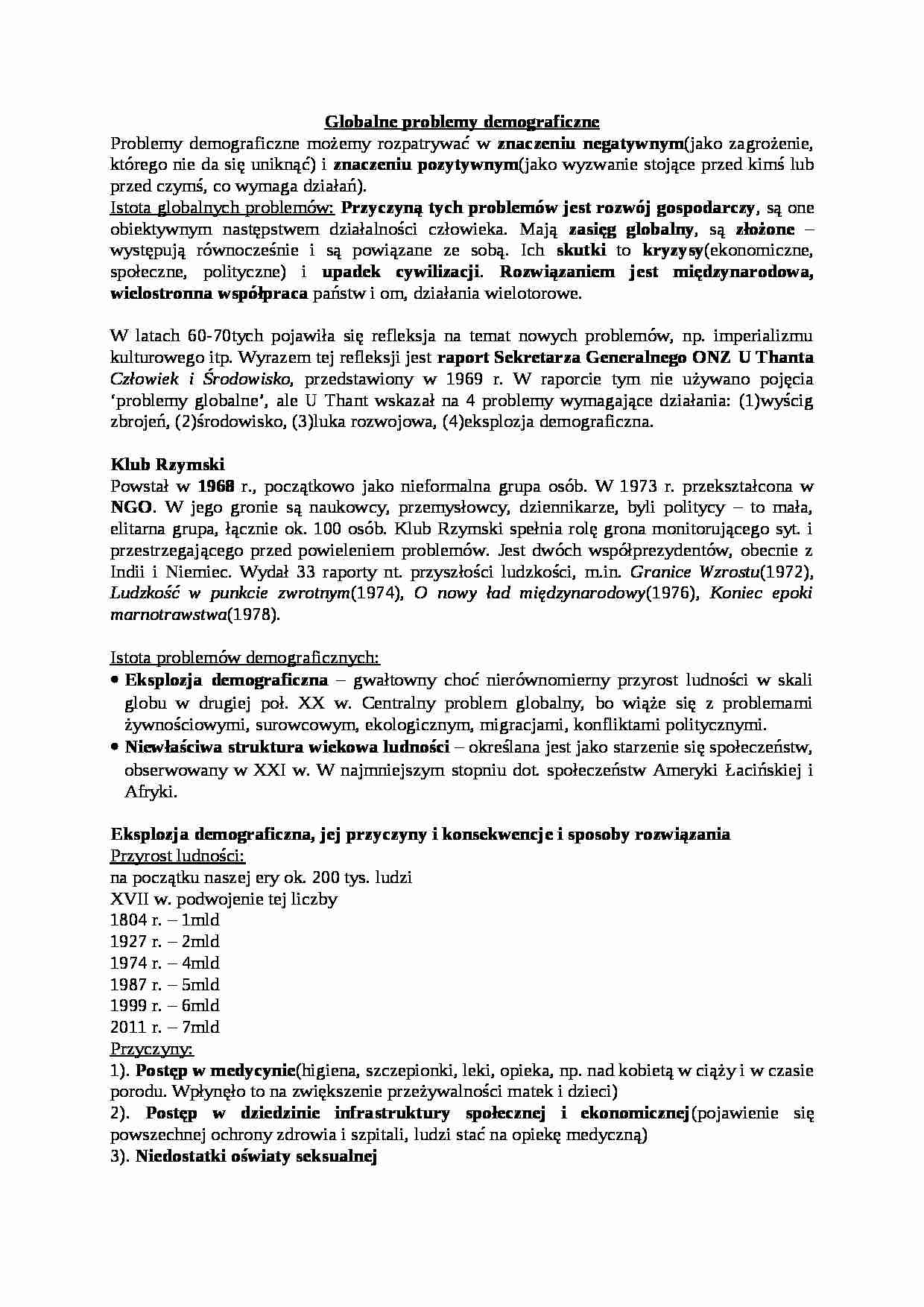 Globalne problemy demograficzne- opracowanie - strona 1