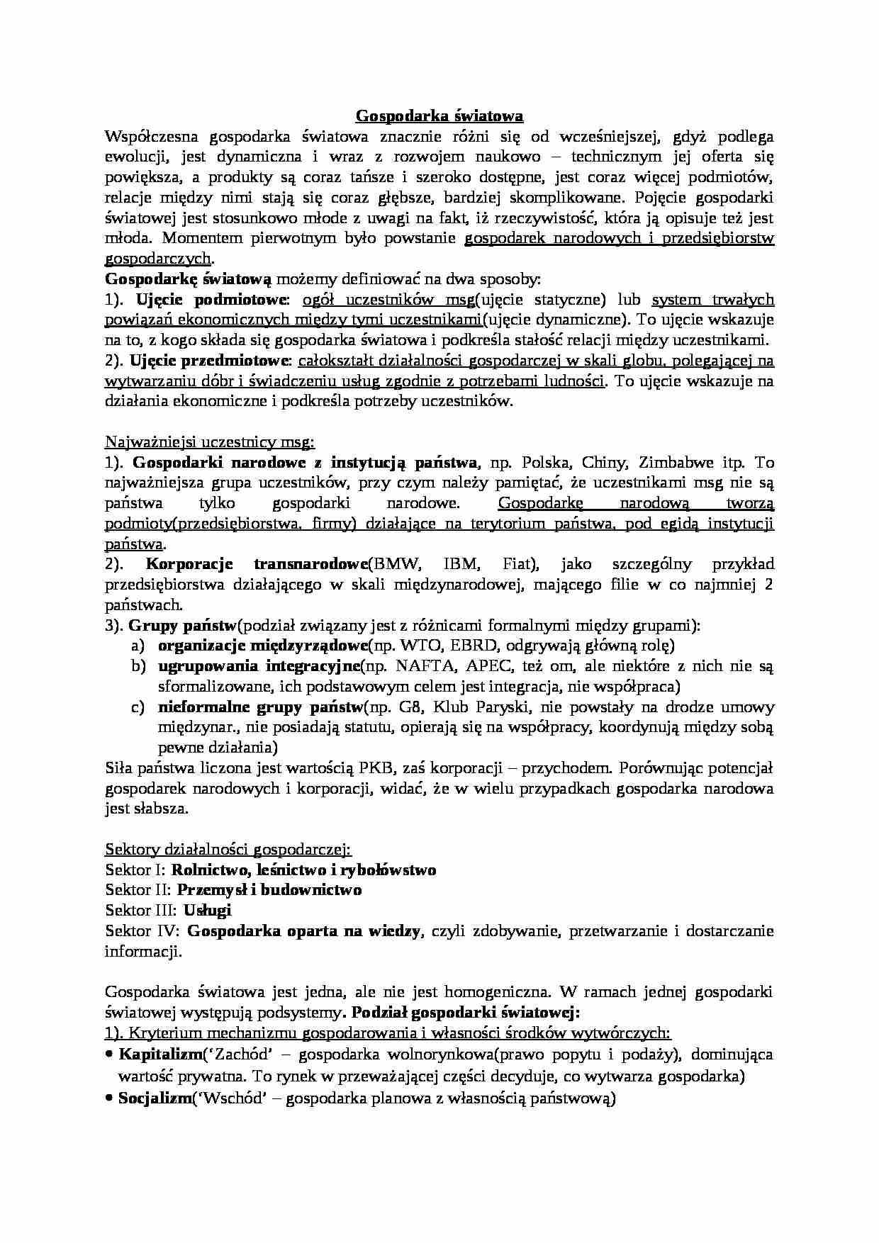 Gospodarka światowa- opracowanie - strona 1
