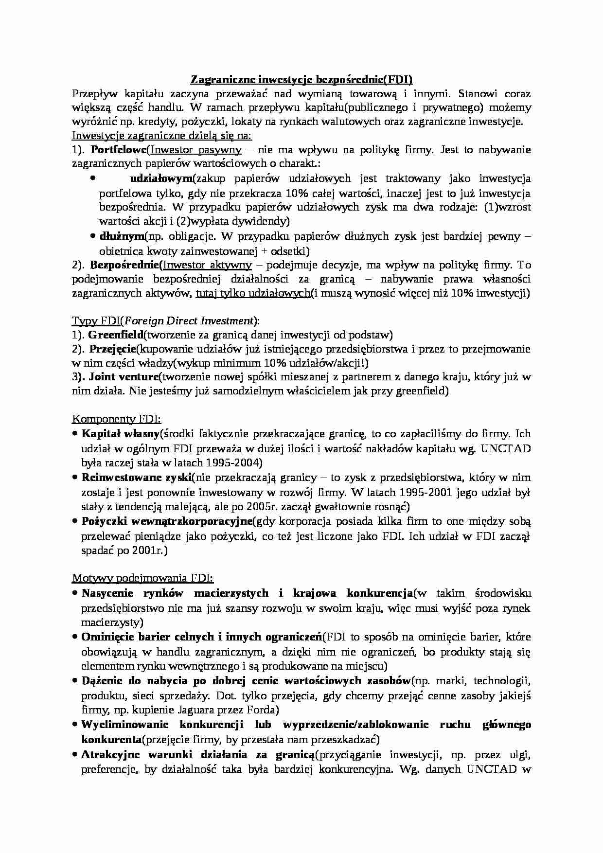 Zagraniczne inwestycje bezpośrednie- opracowanie - strona 1