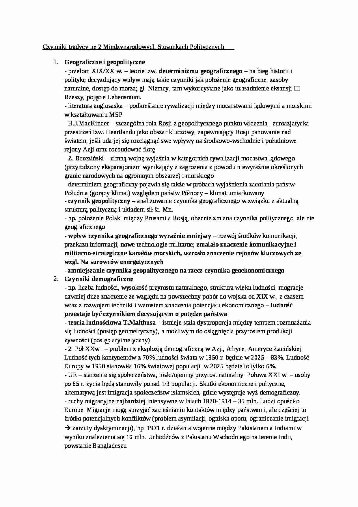 Czynniki tradycyjne w Międzynarodowych Stosunkach Politycznych- opracowanie - strona 1