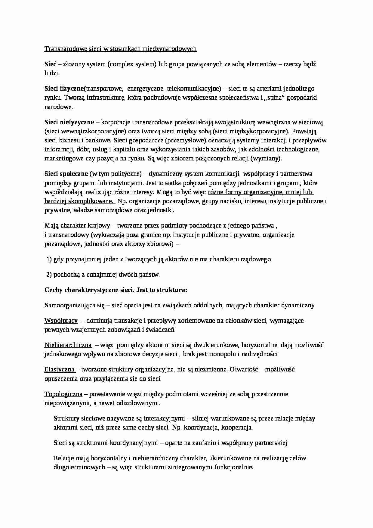 Transnarodowe sieci w stosunkach międzynarodowych- opracowanie - strona 1