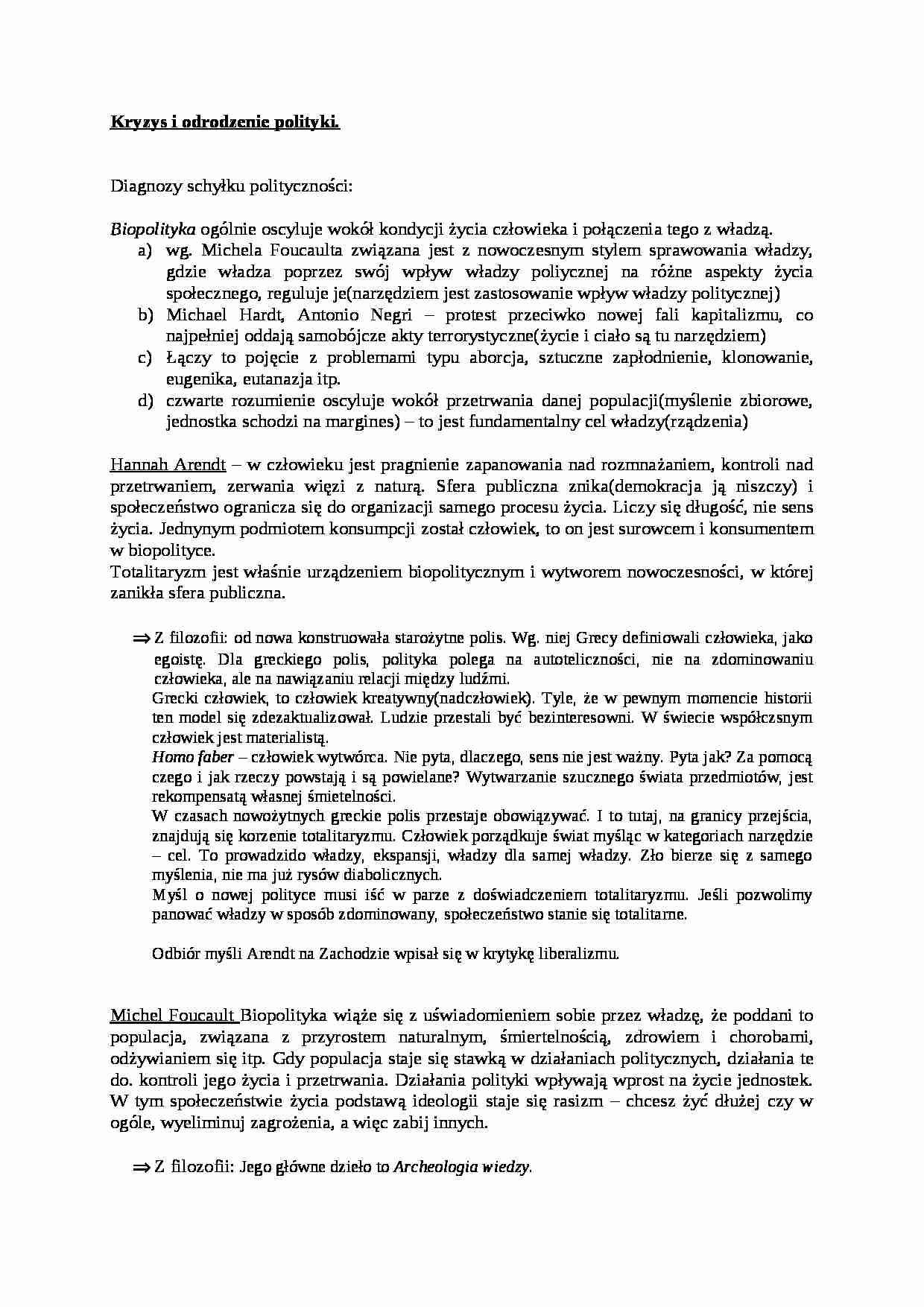 Kryzys i odrodzenie polityki- opracowanie - strona 1