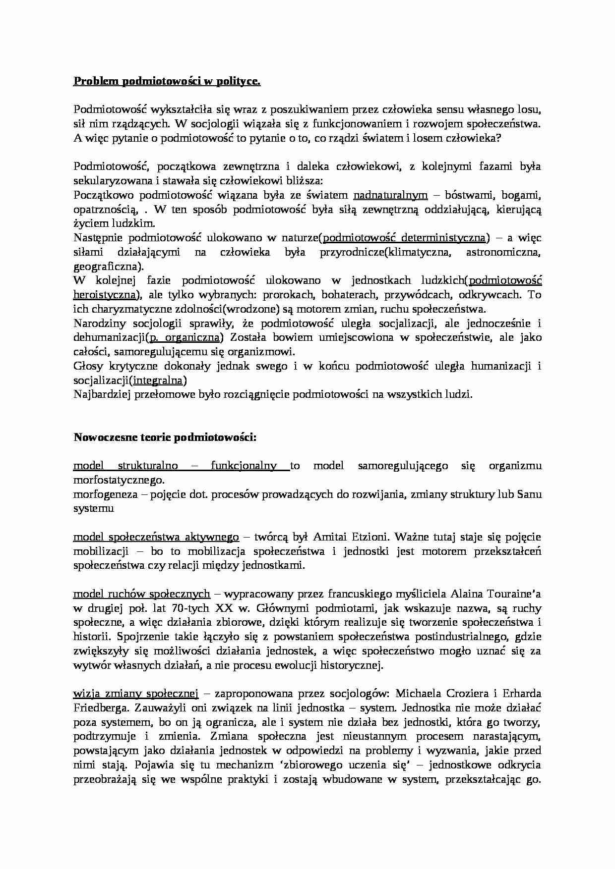 Problem podmiotowości w polityce- opracowanie - strona 1