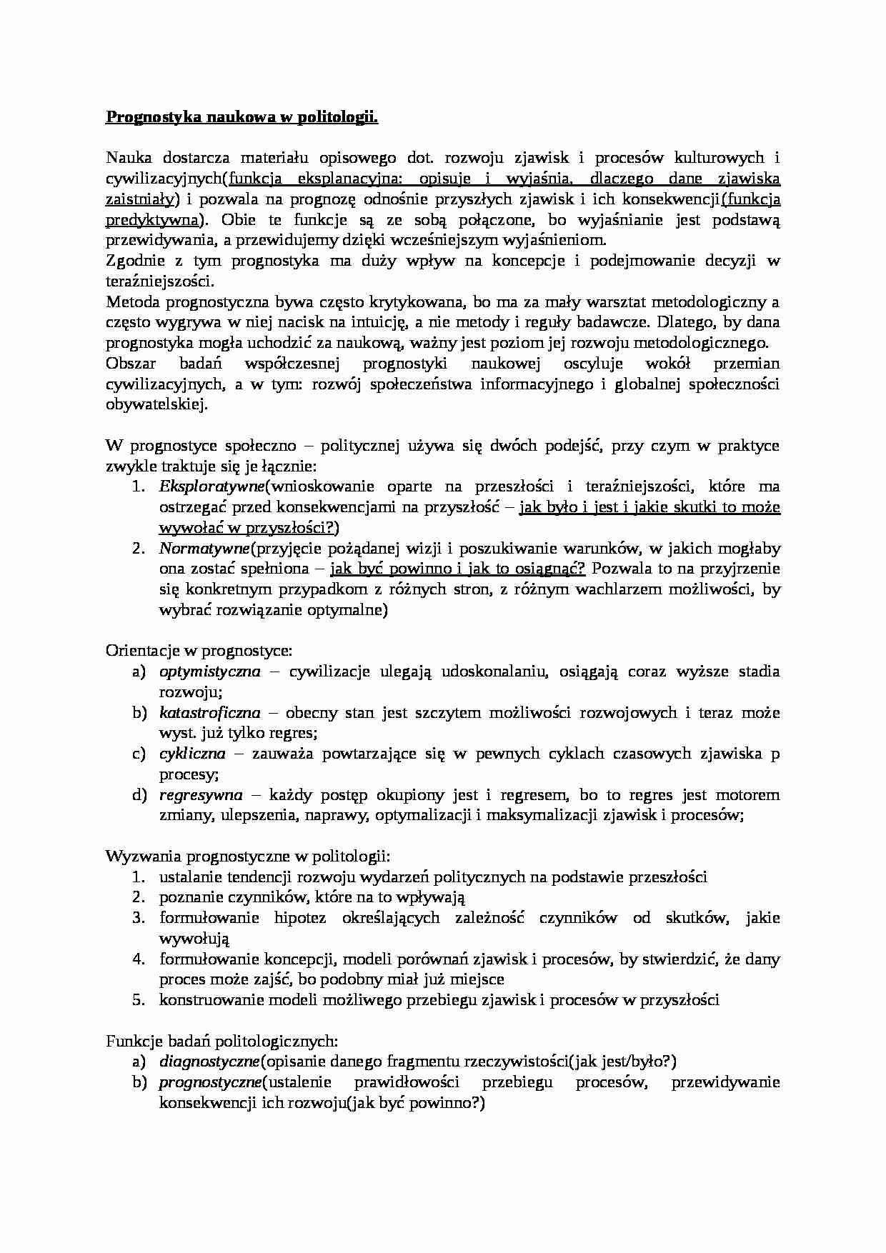 Prognostyka naukowa w politologii- opracowanie - strona 1