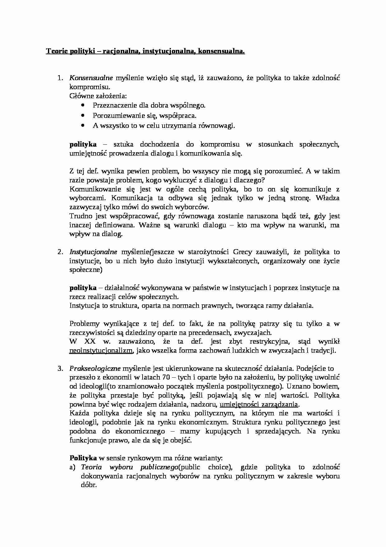 Teorie polityki - racjonalna, instytucjonalna, konsensualna - strona 1