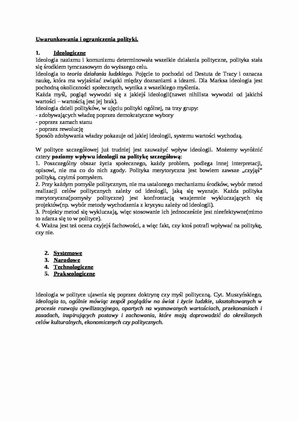 Uwarunkowania i ograniczenia polityki- opracowanie - strona 1